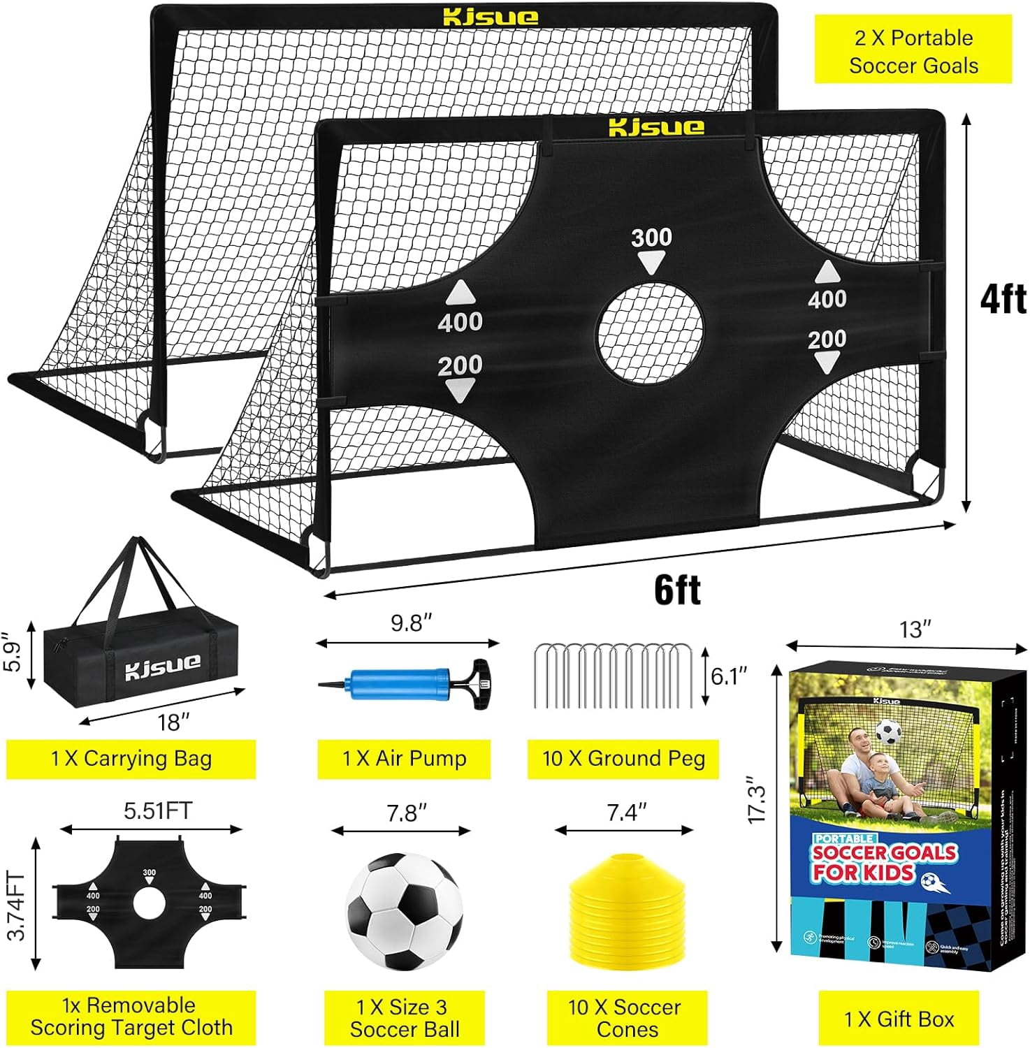KJSUE Kids Soccer Goal Set, Portable Pop Up Soccer Nets with Target, Ball, Cones, and Carrying Bag (6 ft x 4 ft, 2-Pack) i6vd5