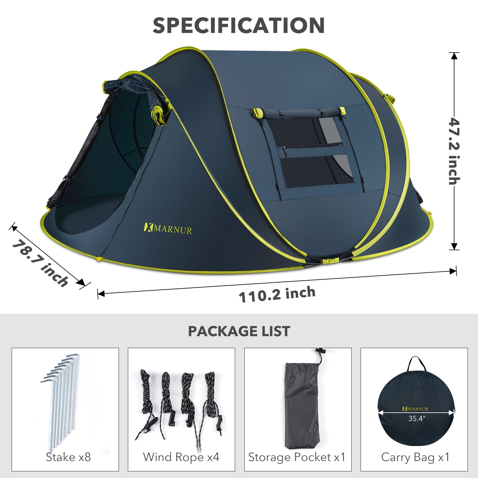 MARNUR 4-Person Instant Pop Up Camping Tent, Auto Setup Outdoor Shelter with Mesh Windows (Dark Blue, 110.2 in x 78.7 in) 722cl