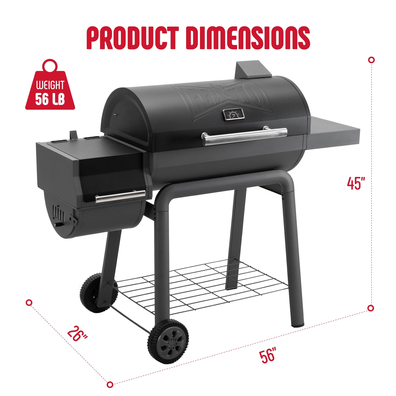 Feasto 30-Inch Charcoal Grill with Offset Smoker and Side Table (Black, 832 Sq. In. Cooking Space) q45gv