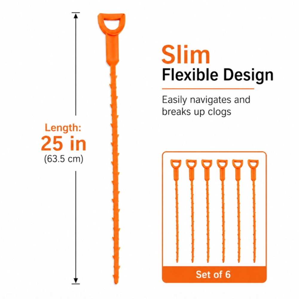 TIKA Drain Cleaning Tool Set, Flexible Snake Clog Remover for Bathroom Sink and Shower (6 Pack, 25 in) 86163
