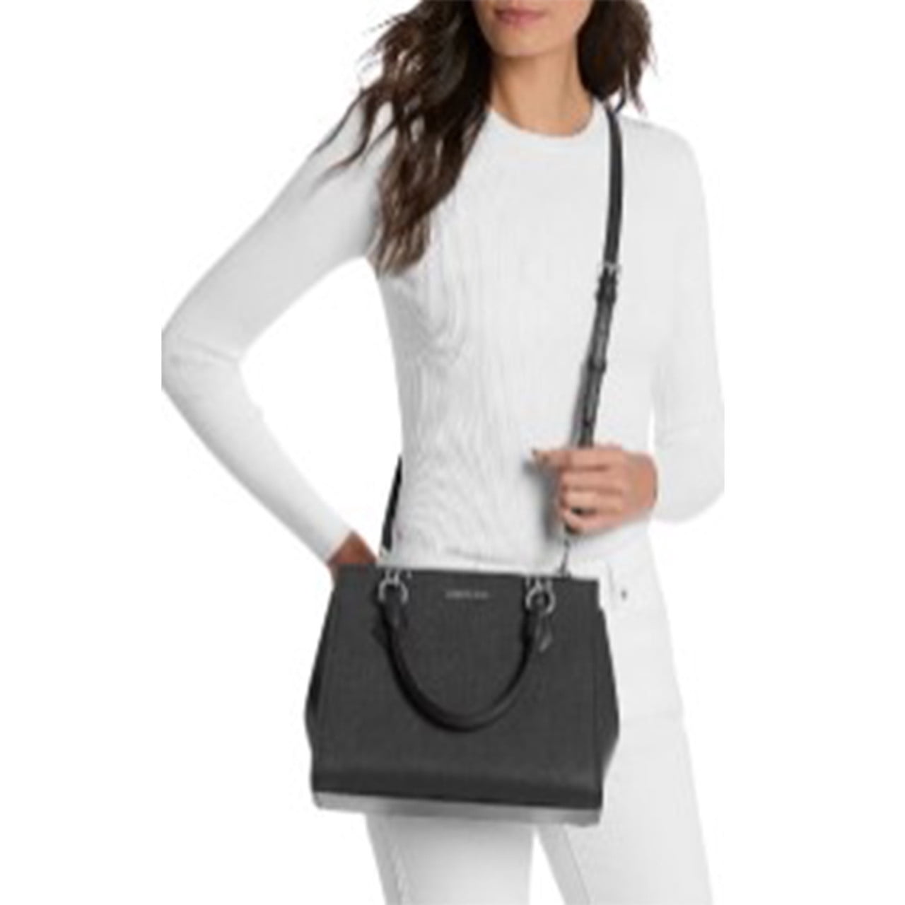 Michael Kors Marilyn Medium Saffiano Leather Convertible Satchel Bag (Black, 11 in x 9 in x 5 in) pebjx