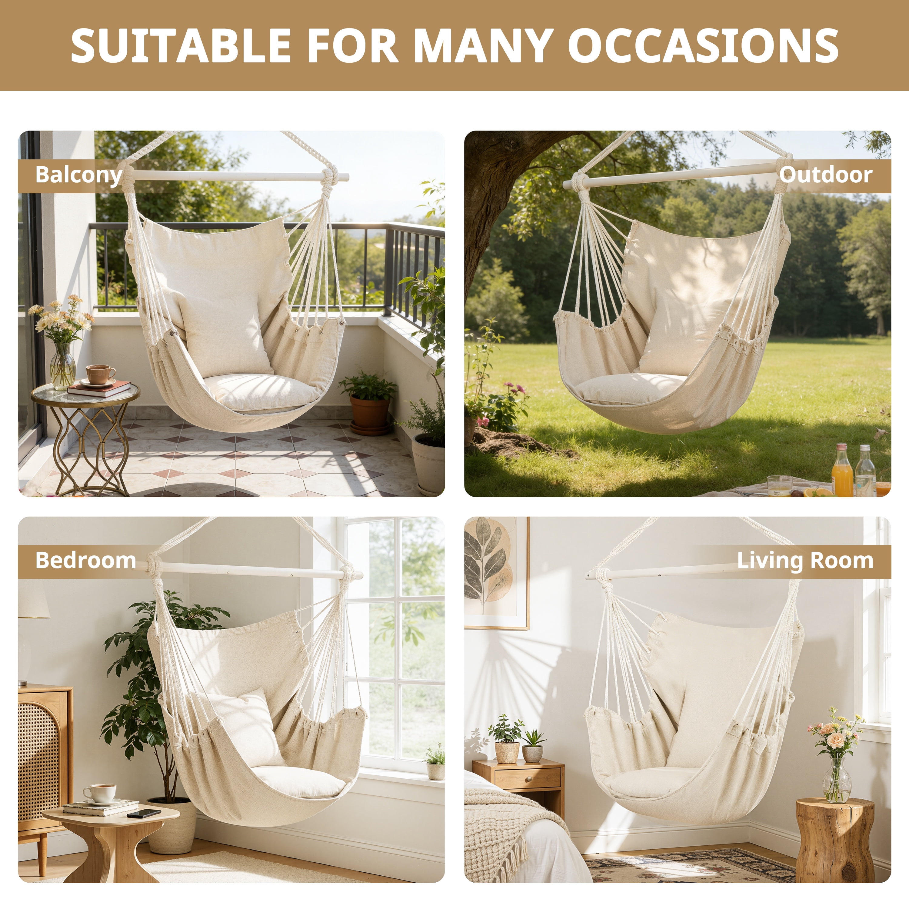Segmart Large Hammock Chair Swing with Detachable Metal Support Bar and Two Cushions (Beige, 39 in x 47 in) vaj8j