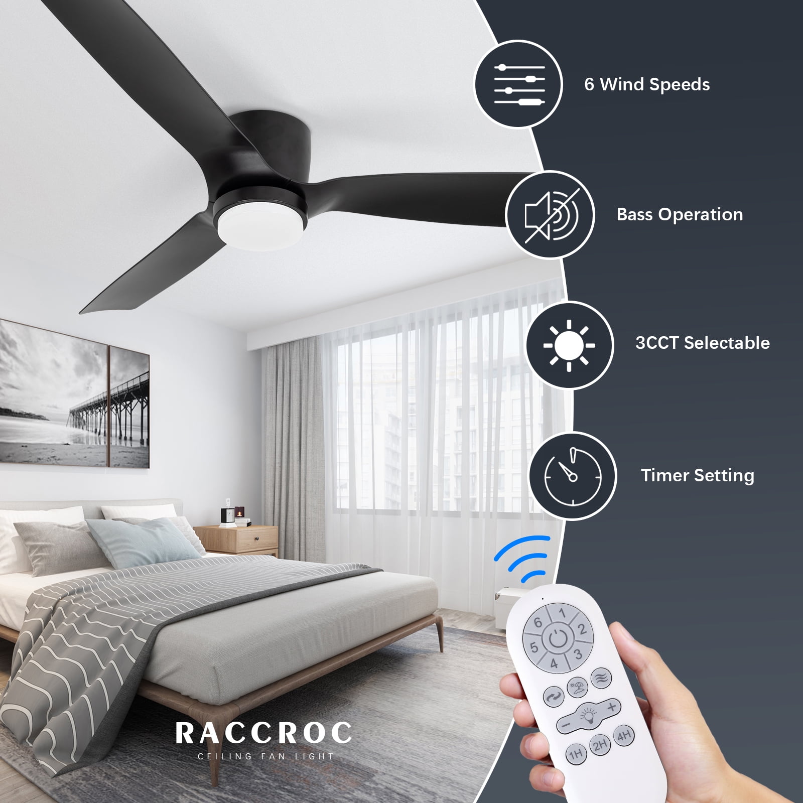 Wozzio 52 in Flush Mount Ceiling Fan with LED Light and Remote Control (Black, 52 in) ya95v