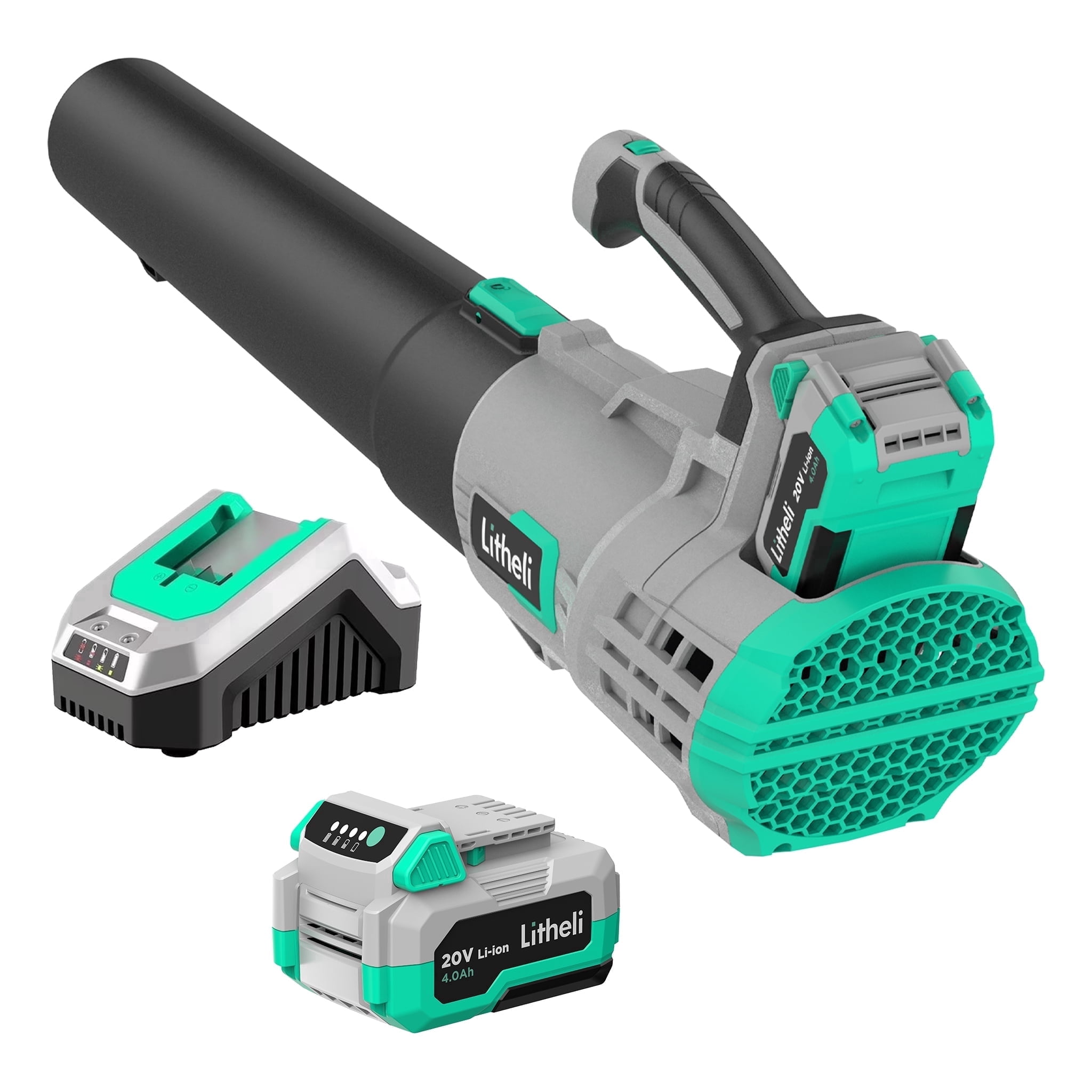 Litheli 20V Cordless Leaf Blower, 350CFM 2-Speed Turbine Electric Blower for Lawn and Yard Maintenance (4.0Ah Battery and Charger Included) 9bjkt