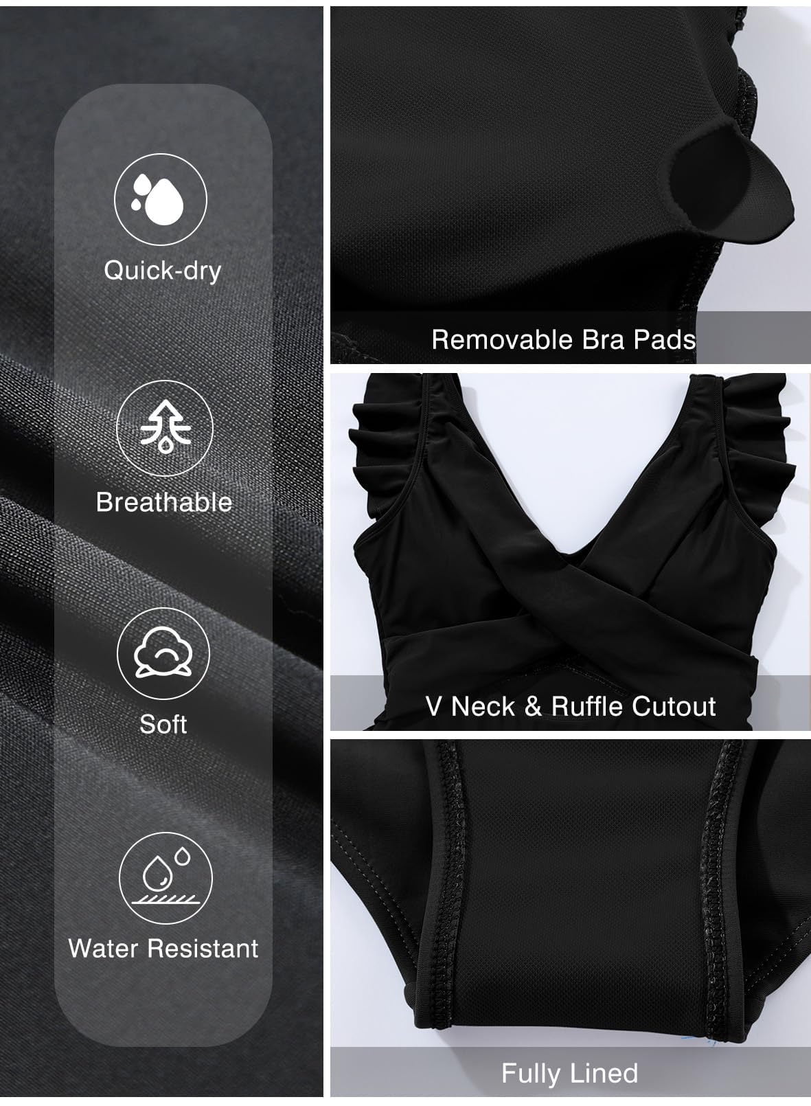SHEWIN Womens One Piece Swimdress Tummy Control Ruffle Cutout V Neck Swimwear (Black, L) ra17v