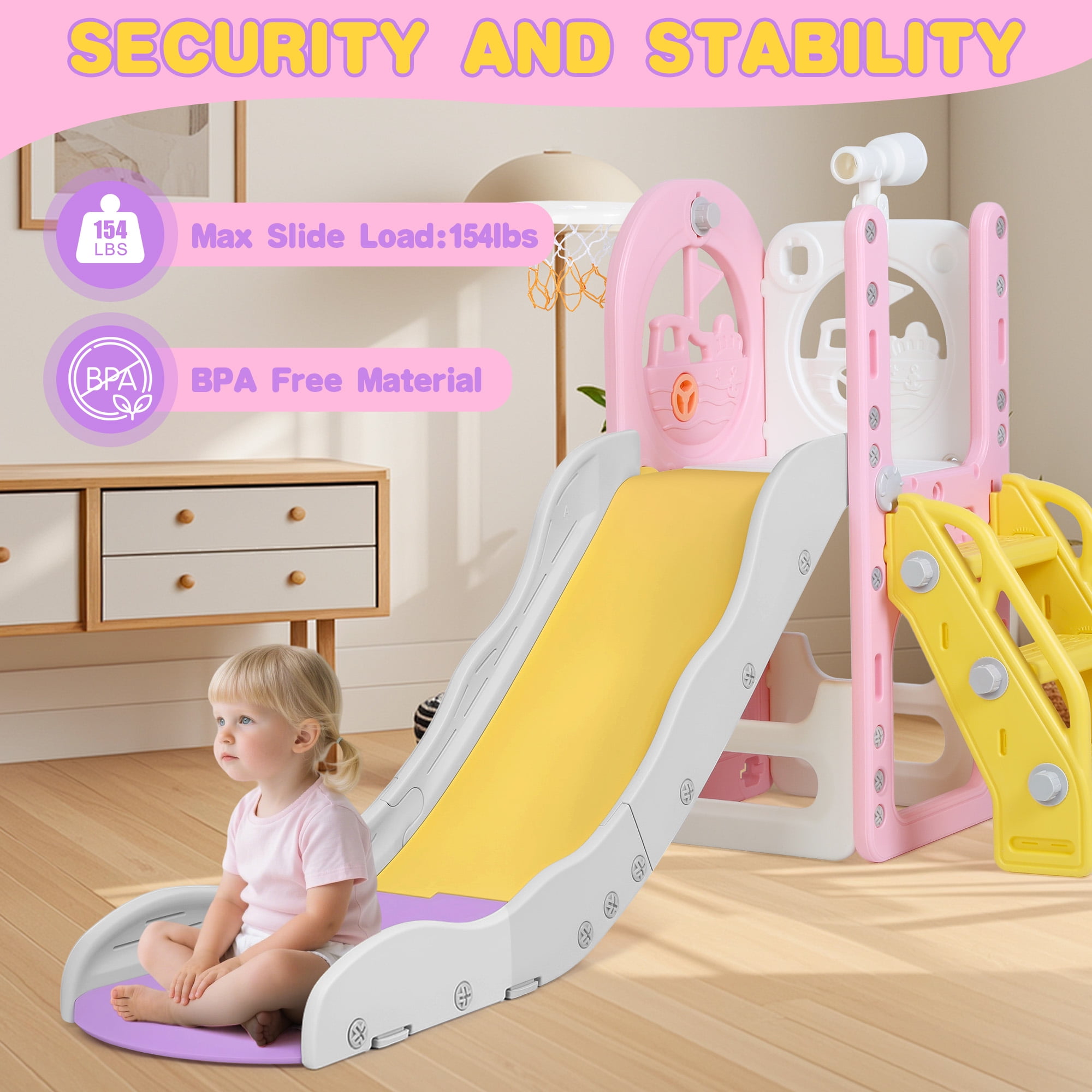 Zimeng 6-in-1 Toddler Slide and Climber Playset, Indoor Outdoor Activity Center with Basketball Hoop and Storage (Pink, 59 in x 27 in x 33 in) tmhu2