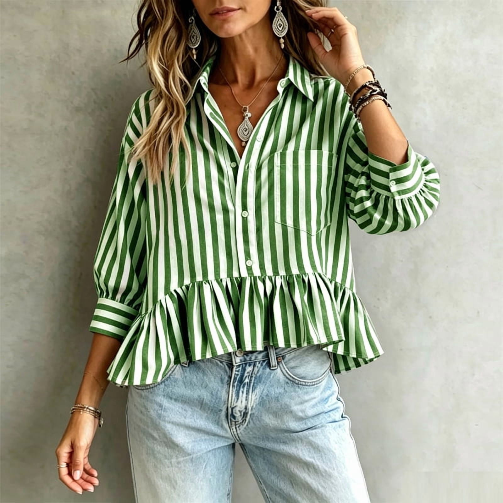 MORTTIC Women's Striped Ruffle Hem Babydoll Blouse (Green, Small) ls9pf