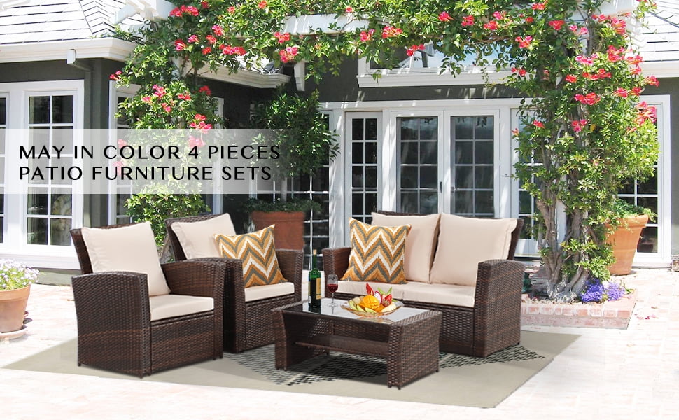 Cozy Home 4-Piece Rattan Outdoor Patio Furniture Set, Wicker Conversation Sofa and Coffee Table (Brown, 4-Piece Set) blo4v