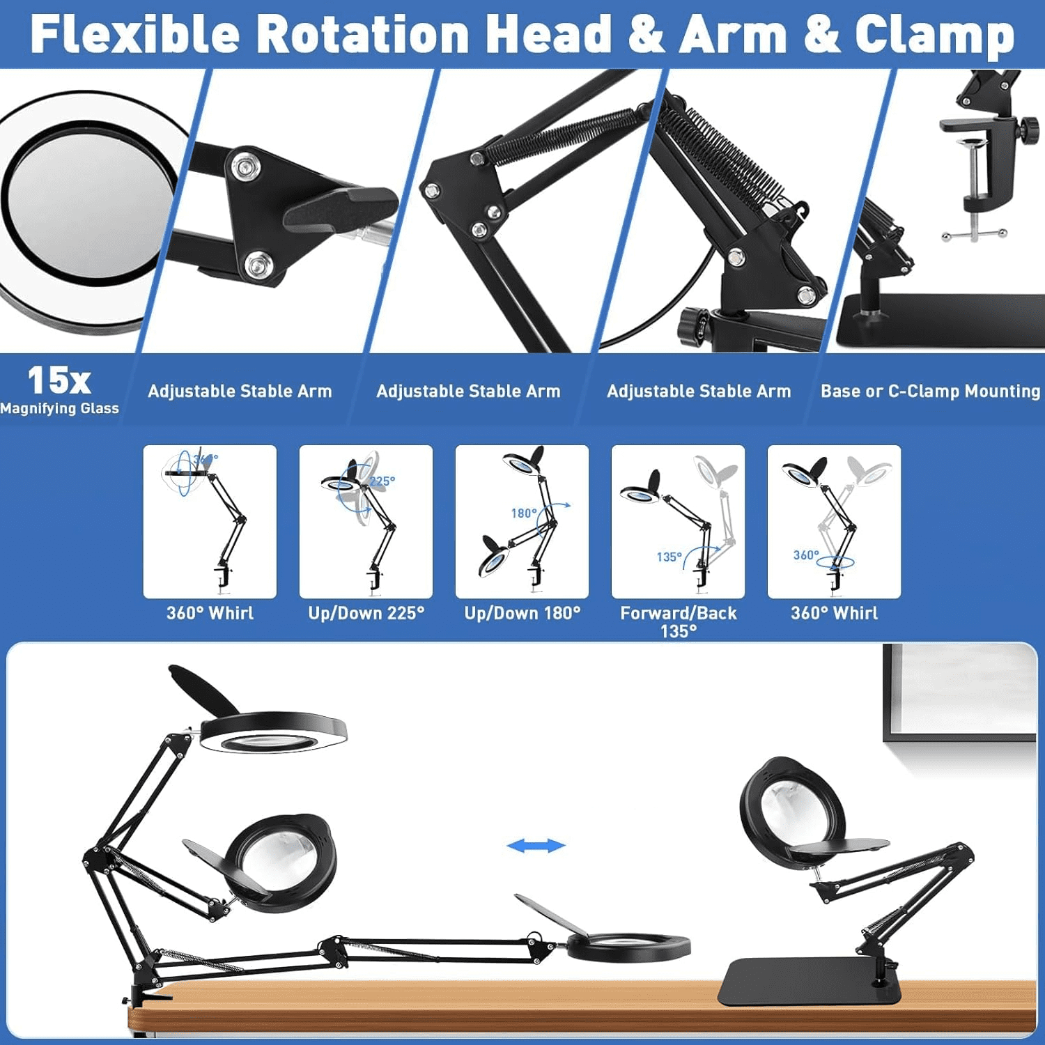 Gefolly LED Magnifying Desk Lamp with Clamp, Adjustable Swing Arm, 5 Color Modes, Stepless Dimmable (Black, 1 Unit) sbqk3