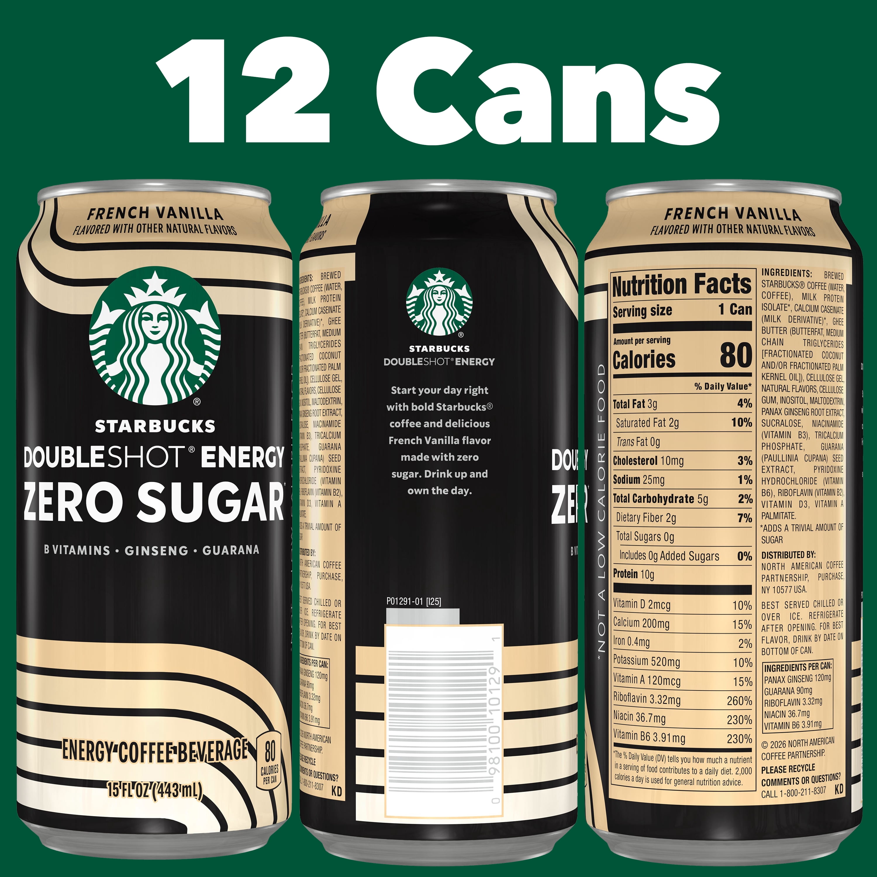 Starbucks Zero Sugar French Vanilla Doubleshot Energy Coffee (15 fl oz, 12 Pack) crgvz