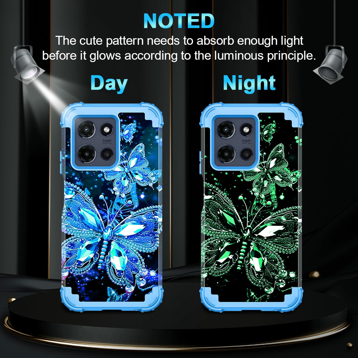 Casetego for Moto G Power 5G 2025 Case, Heavy Duty Shockproof Glow in the Dark Protective Cover (Black Blue Butterfly, 6.8 in) 19apo