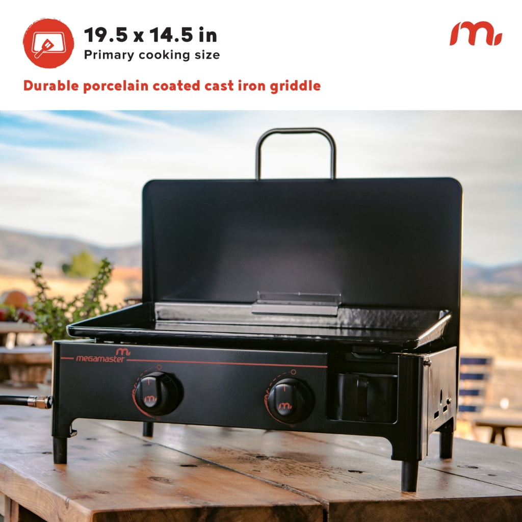 Megamaster 2-Burner Portable Gas Griddle with Built-In Lid, Outdoor Tabletop Propane Grill (Black, 282 sq in) onxqc