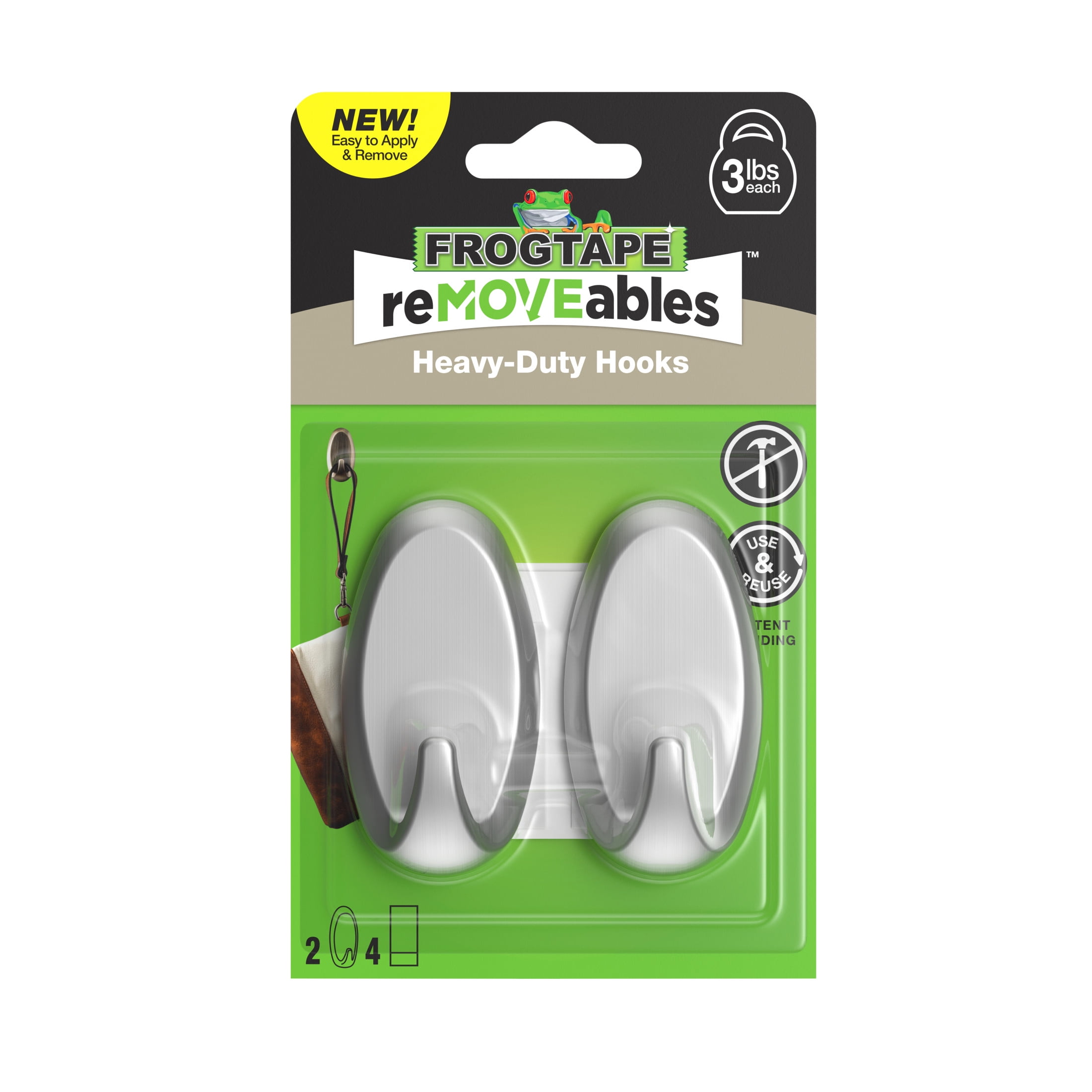 FrogTape reMOVEables Heavy Duty Wall Hooks, Brushed Nickel Finish (2 Hooks, 4 Adhesive Strips) o4xiy