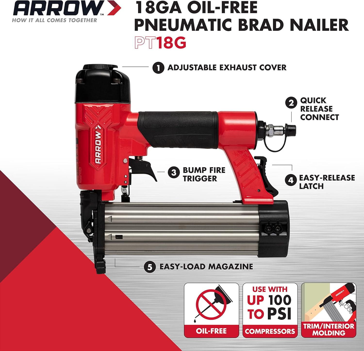 Arrow PT18G 18 Gauge Pneumatic Brad Nail Gun (Oil-Free, Professional Grade) js16y
