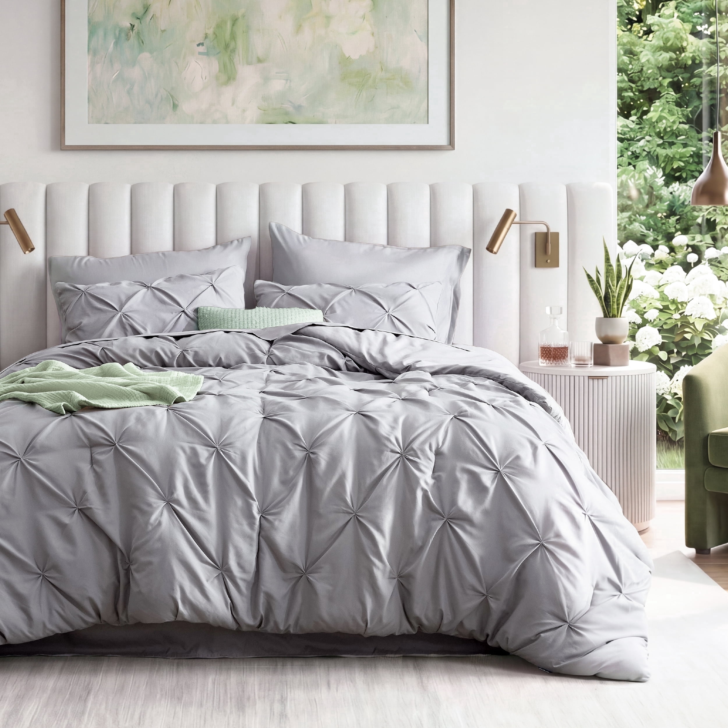 U by Bedsure Queen Comforter Set (Grey, 7-Piece Pinch Pleat All-Season Bedding) f1ptv