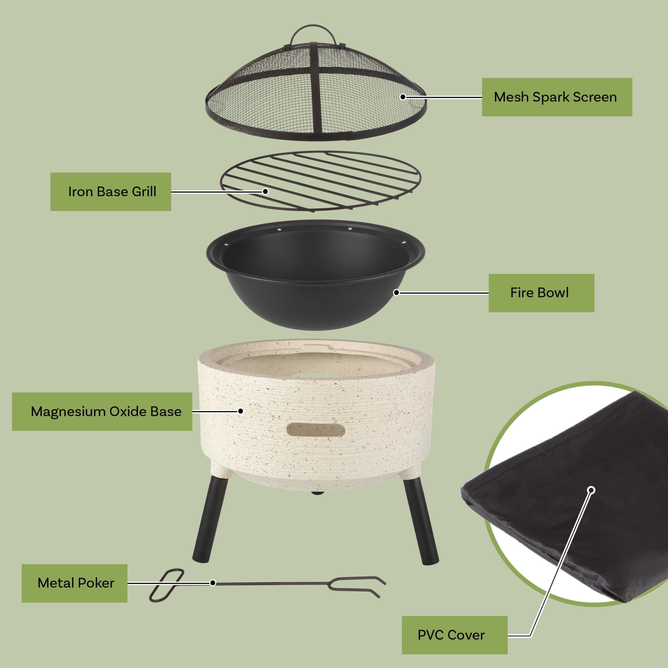 Pure Garden Round Outdoor Wood Burning Fire Pit with Spark Screen and Cover (Light Gray, 21 in) 84k1n