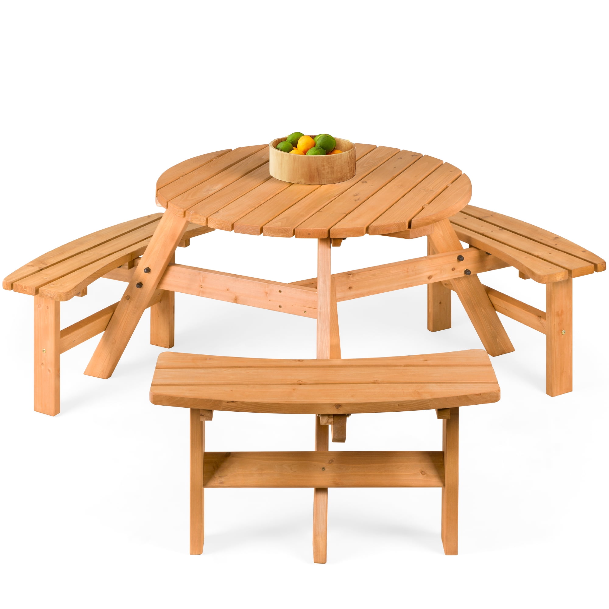 Best Choice Products Circular Outdoor Wooden Picnic Table with 3 Built-In Benches (Natural, 35 in Diameter) a1xwu