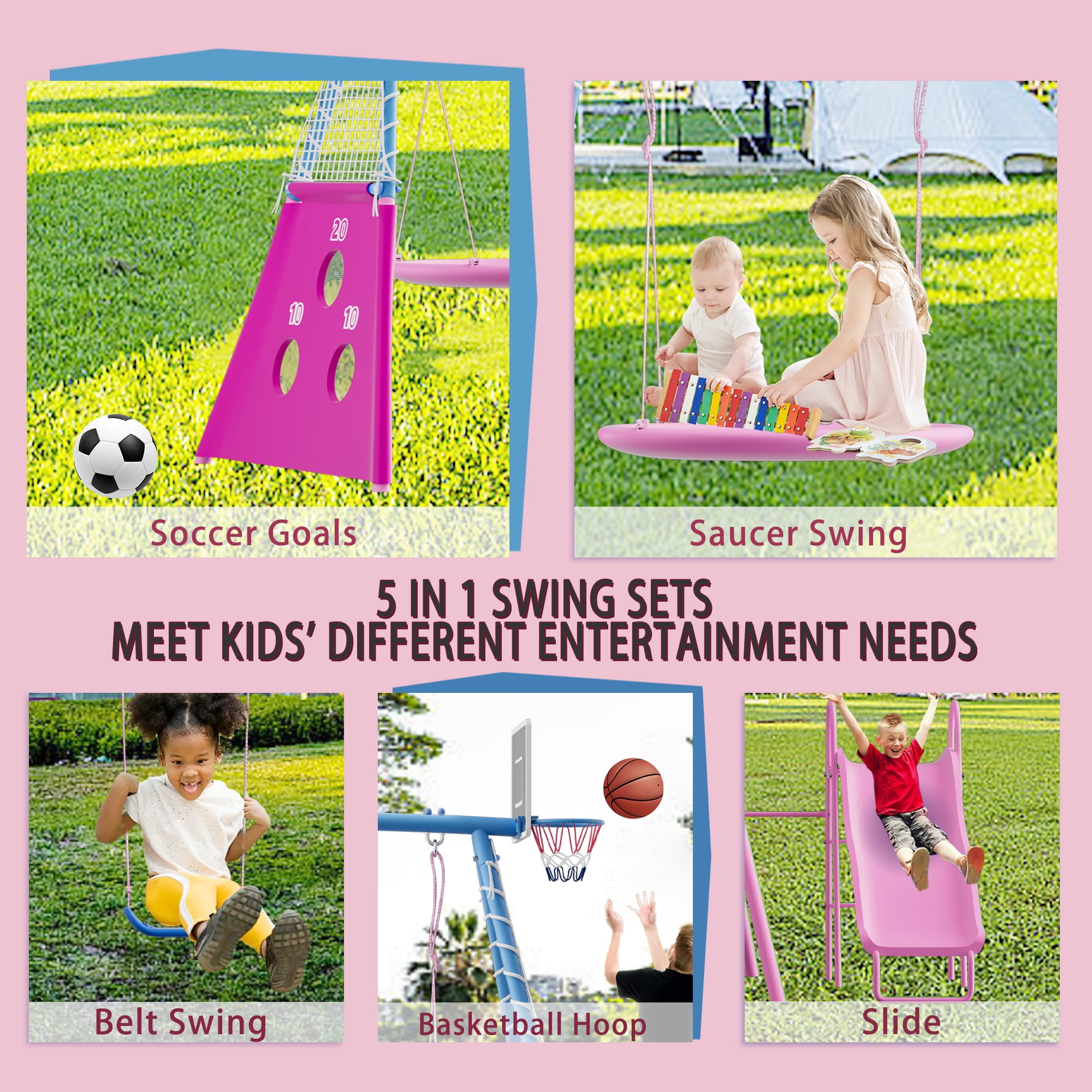 Shengchao Trade Kids Outdoor Metal Swing Set with Slide and Basketball Hoop (Pink, 440 lb) ds88a