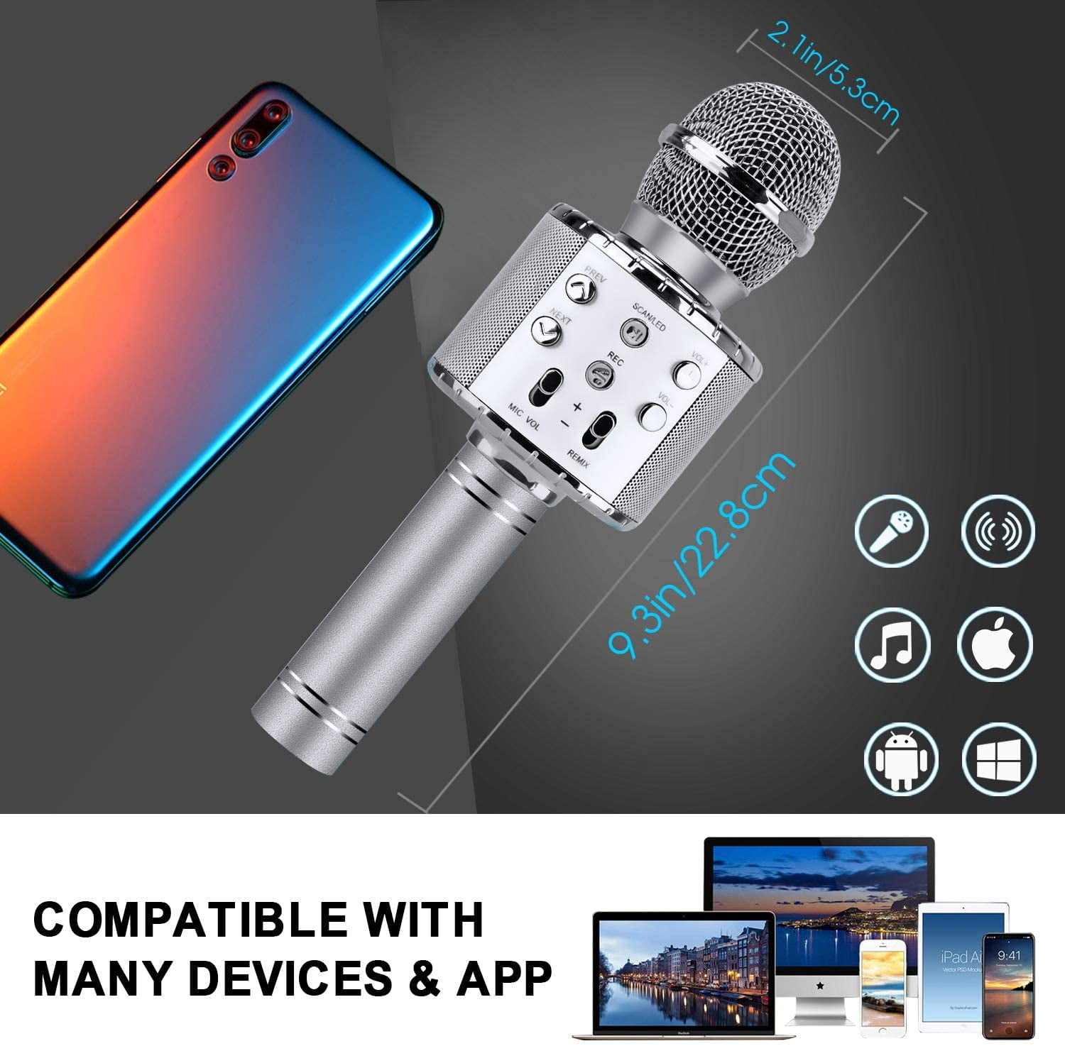 GLUAAE Wireless Bluetooth Karaoke Microphone with LED Lights and Echo Control (Silver, 0.66 lb) repgq
