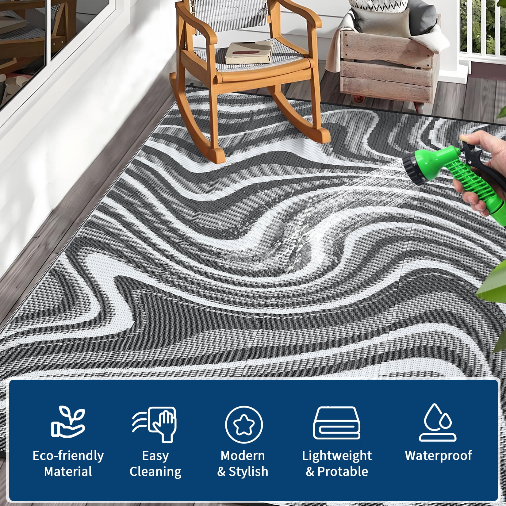 GIMMYFIVE Reversible Plastic Straw Indoor Outdoor Rug, Waterproof Patio Mat for Camping and RV (Black, 5 ft x 8 ft) uli5l