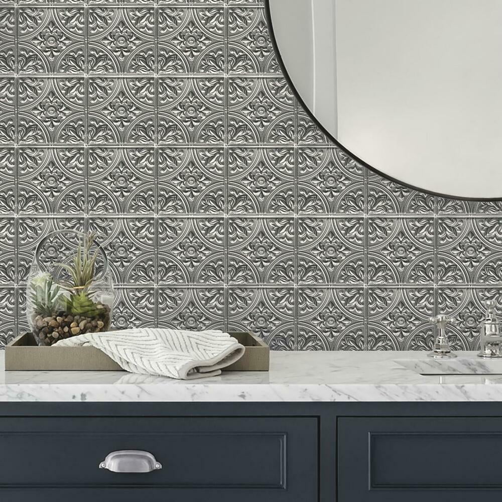 RoomMates Silver Tin Peel and Stick Backsplash Tiles (Silver, 4 Pack, 10.5 in x 10.5 in) jm6go