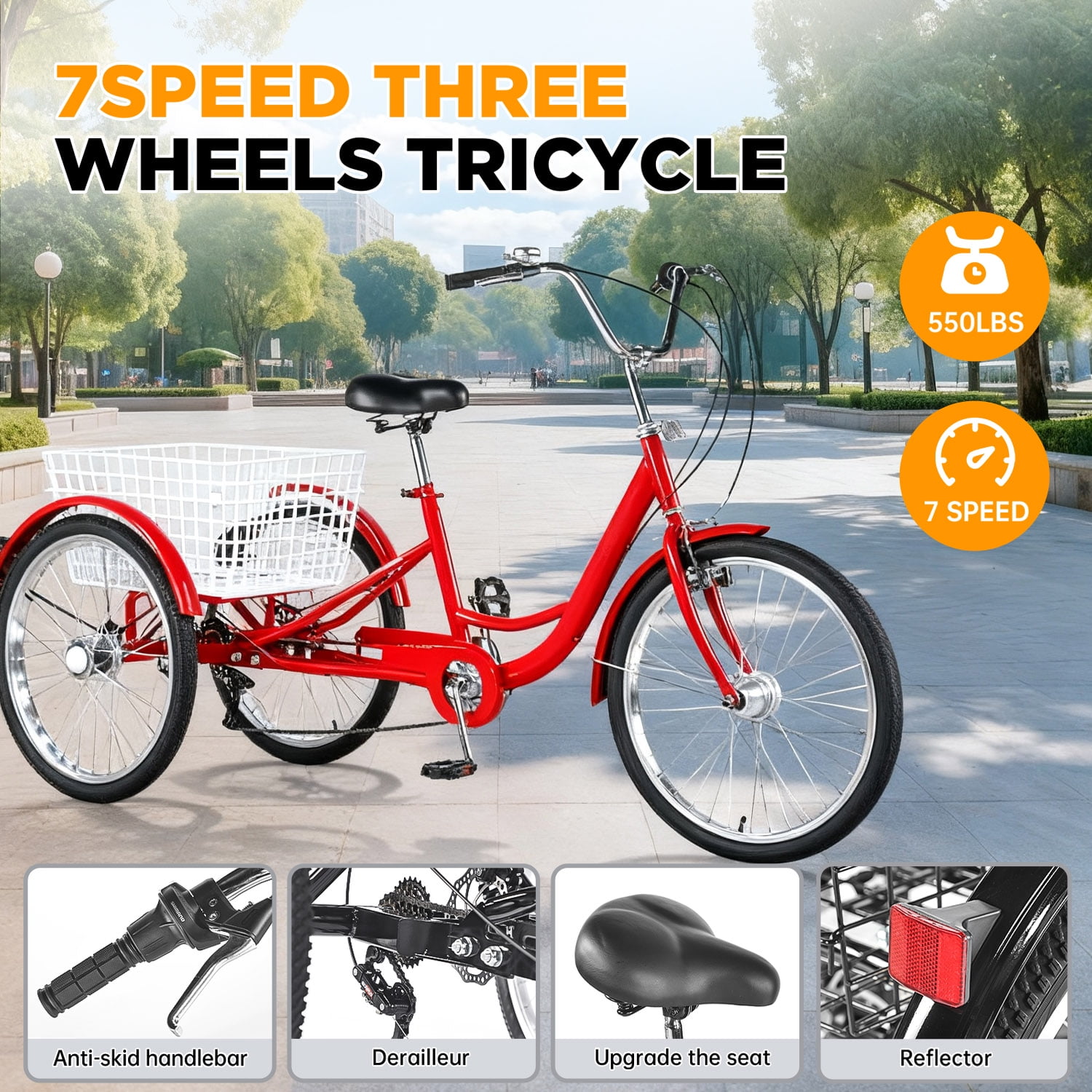 MENGFANMIN 7-Speed Adult Tricycle, 24-inch 3-Wheel Bike with Rear Basket (Red, 550 lb Capacity) q84ci