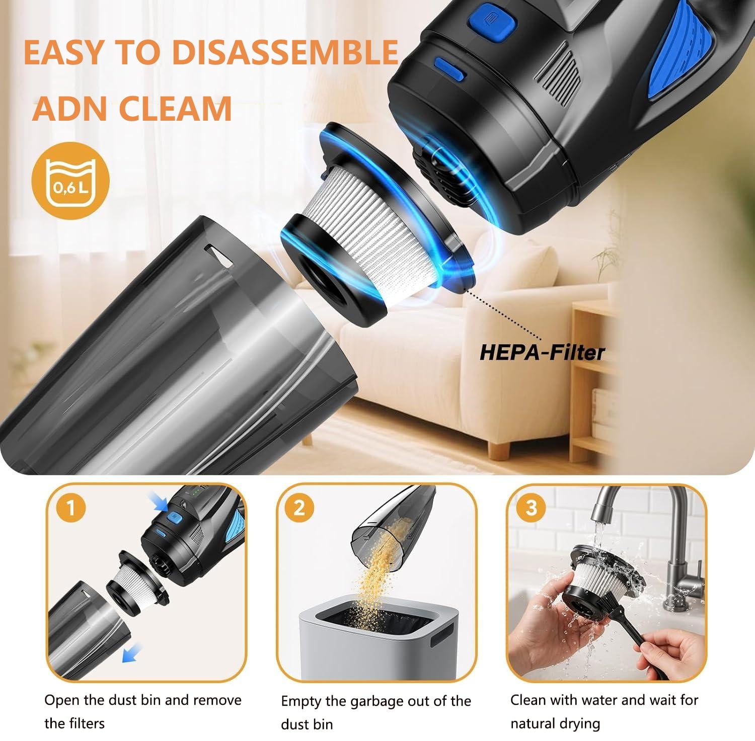TRAKAR Handheld Vacuum Cordless, High-Power Portable Car Vacuum Cleaner with LED Light and HEPA Filter (Black, 1.7 lb) joynv