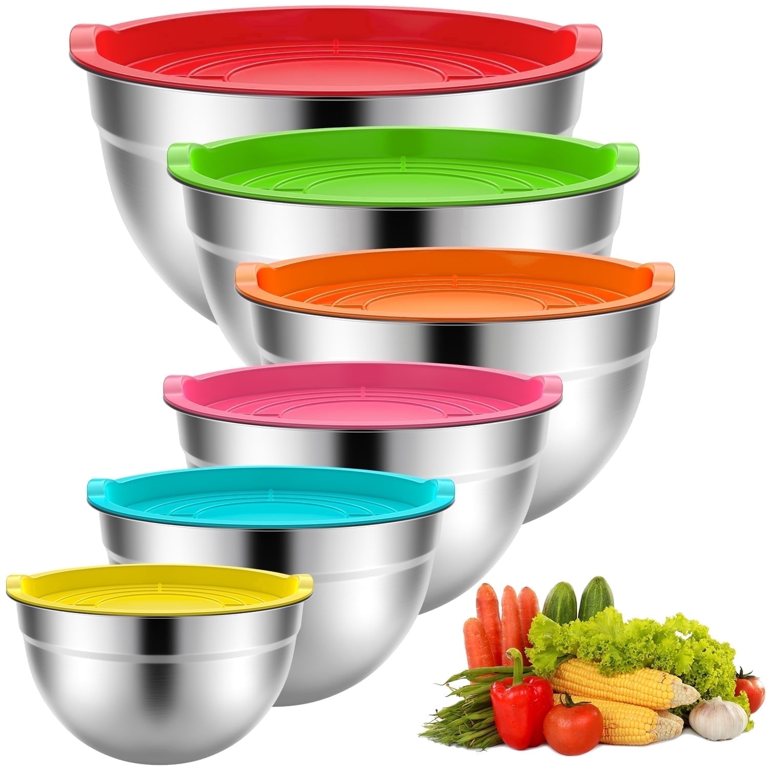 TINANA Stainless Steel Mixing Bowls with Lids, Nesting Kitchen Prep Bowls Set (Multicolor, 6 Pack, 0.75 to 4.5 qt) jzt5v