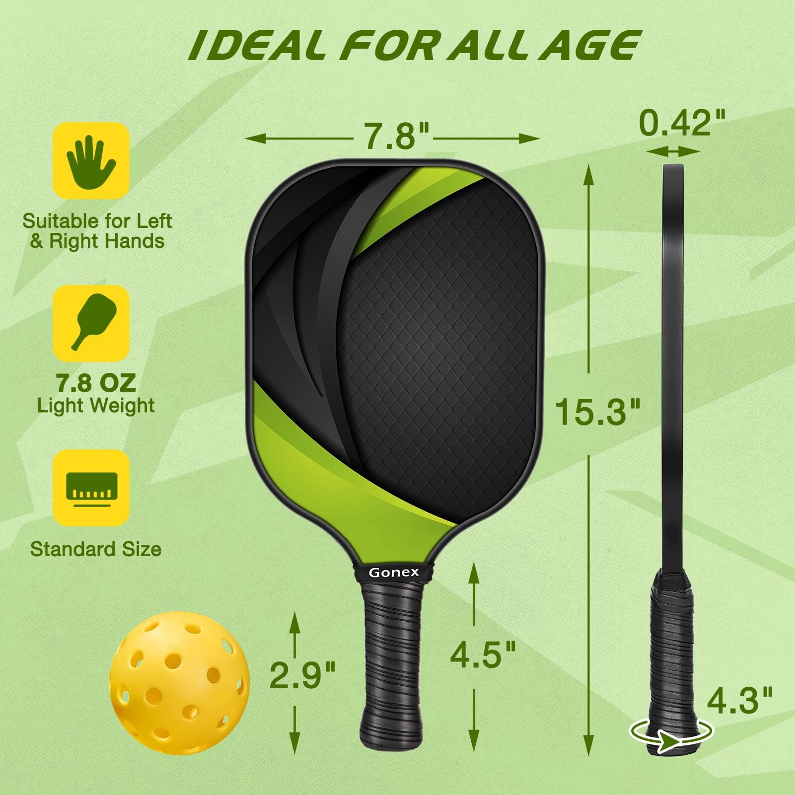 Gonex Pickleball Paddles Set of 4, Carbon Fiber Graphite Rackets with 4 Balls (Green, 4-Pack) 2oa5c