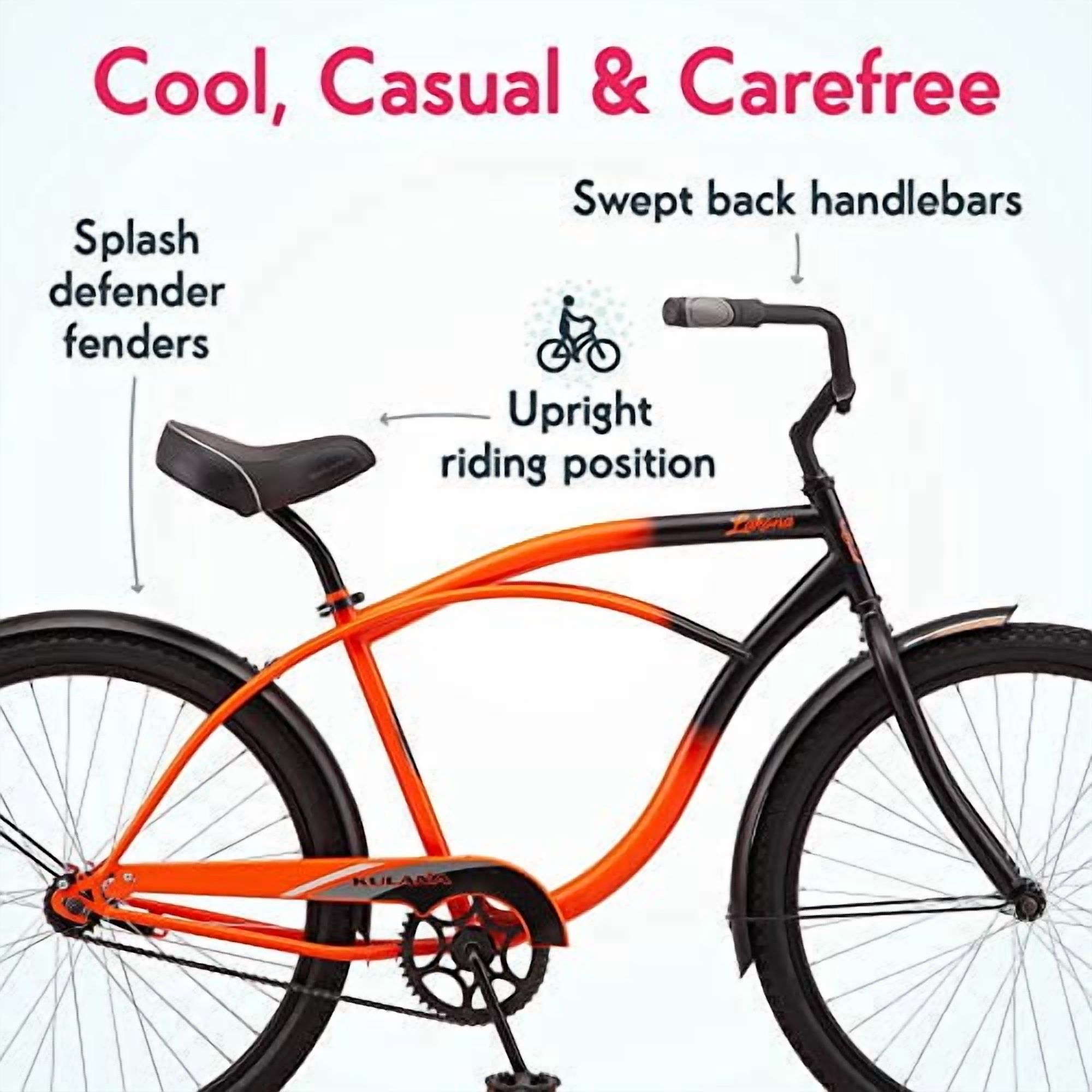 Kulana Lakona Shore Adult Beach Cruiser Bike, Single Speed, Durable Steel Frame (Orange and Black, 26 in Wheels) zp5mo