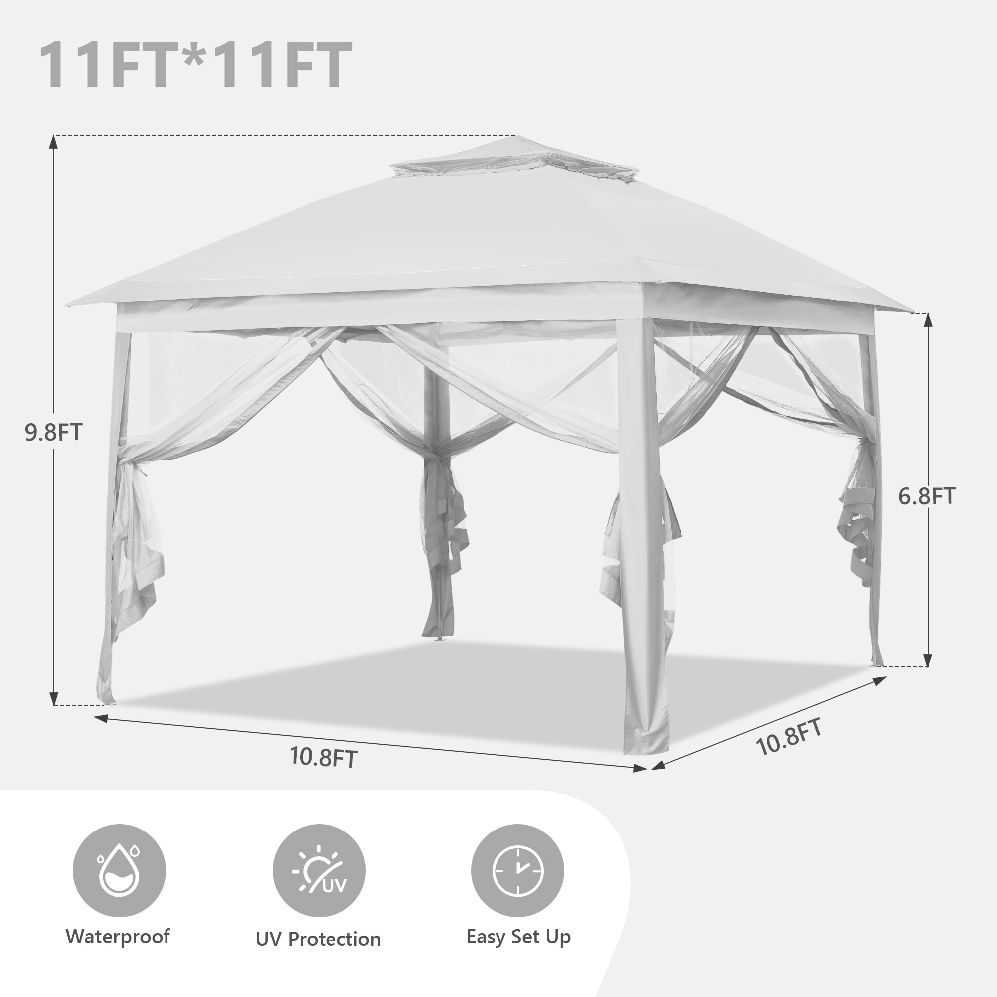 Ainfox Outdoor Patio Pop Up Canopy Gazebo with Mosquito Netting and UV Protection (White, 11 ft x 11 ft) 9ror8