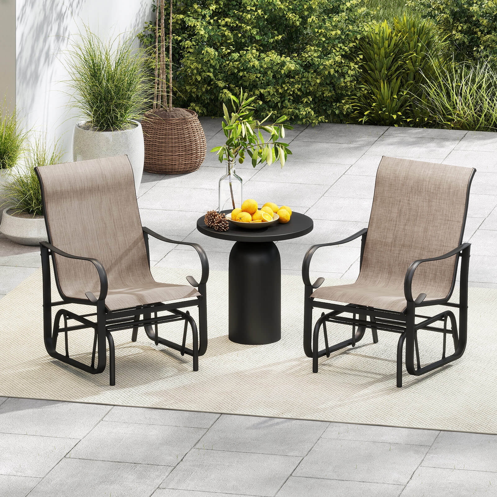 Costway Outdoor Glider Chairs Set of 2, Patio Rocking Chairs with High Backrest and Metal Frame (Brown, 2-Pack) z9uwx