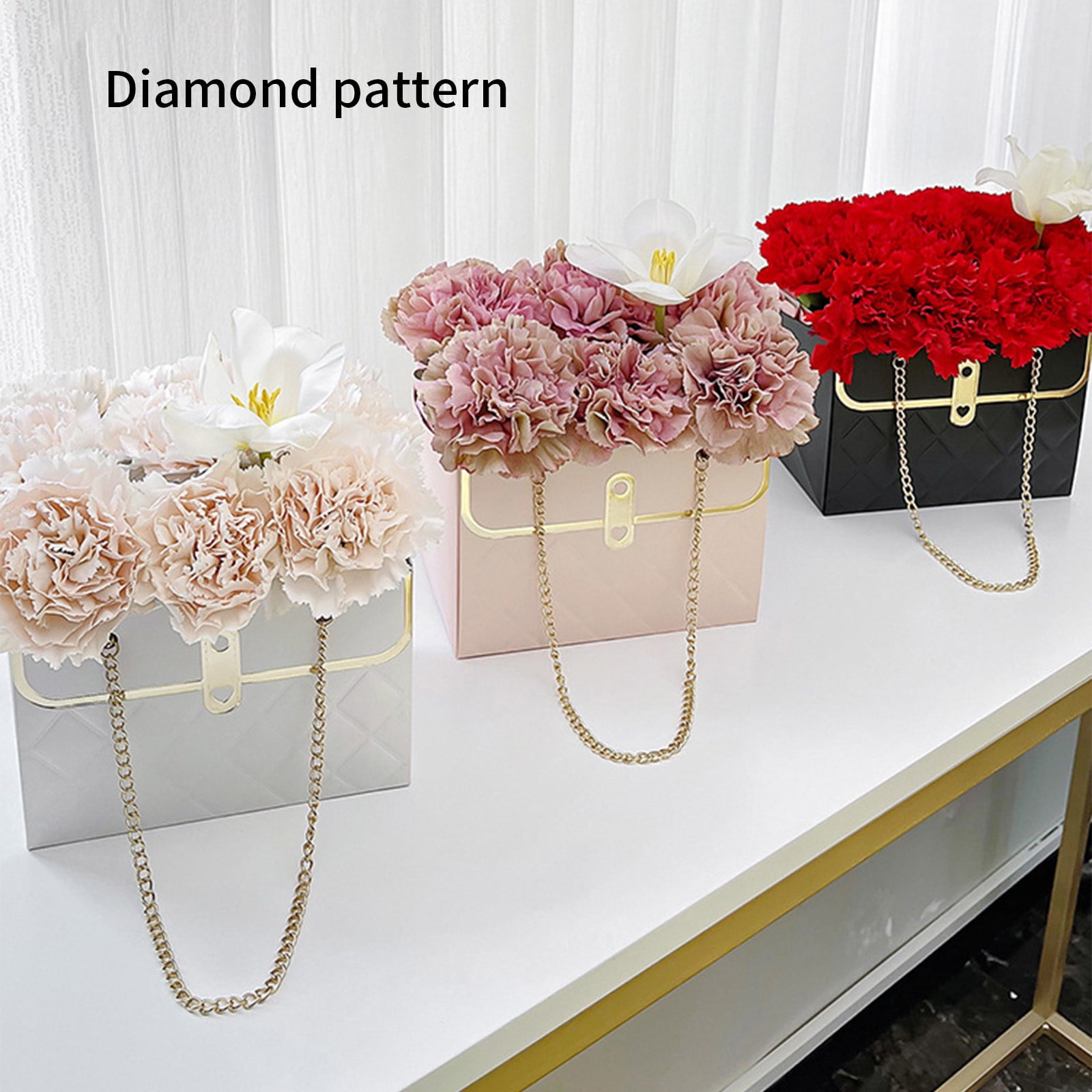 Darzheoy Flower Bouquet Gift Box with Metal Chain Handle, Decorative Florist Storage Bag for Weddings and Parties (Pink, 4 Pack) hdlmo