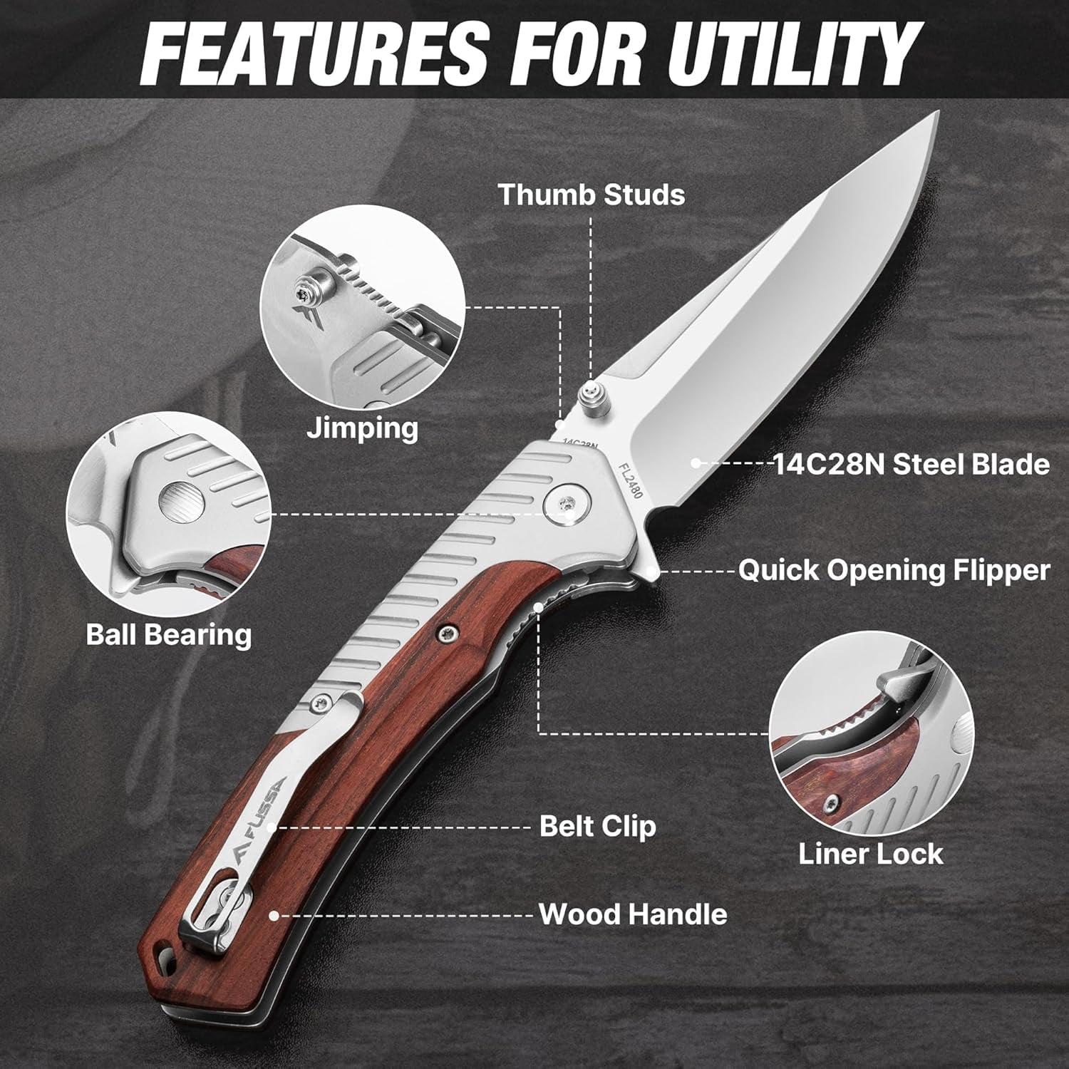 FLISSA Folding Pocket Knife, 14C28N Steel Blade with Wood Handle, EDC Camping Tool (Brown, 3.35 in Blade) ytvyy