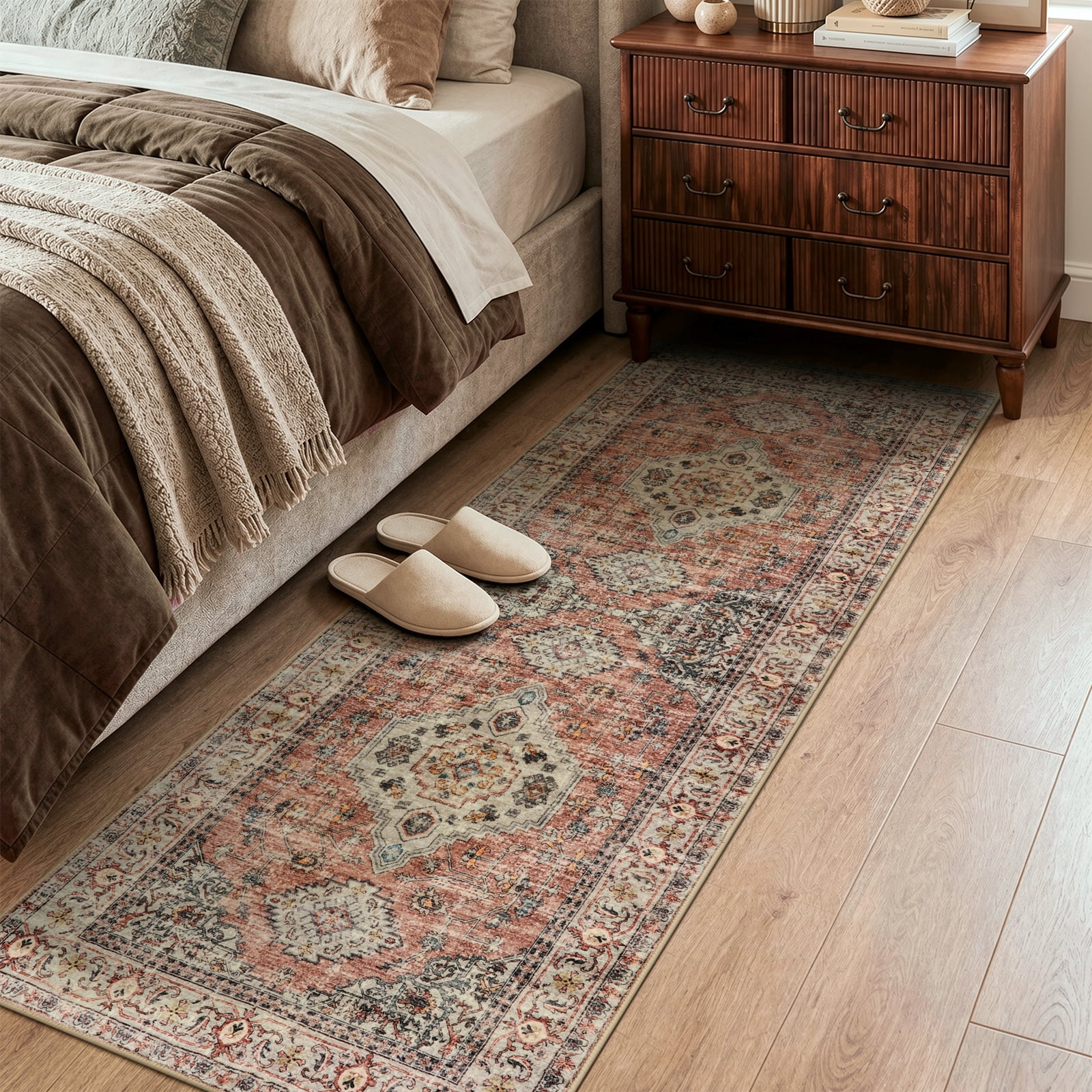 Lahome Washable Runner Rug Vintage Oriental Medallion Non-Slip Area Carpet for Hallway Kitchen (Terracotta, 2 ft x 6 ft) grvju