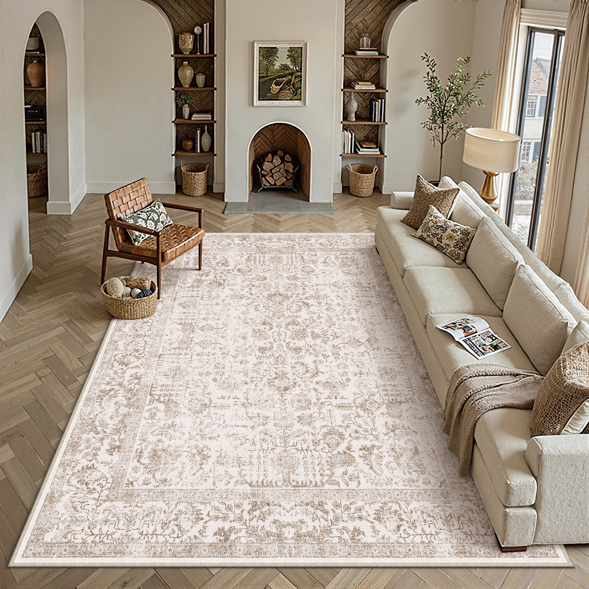 Berthmeer Vintage Area Rug, Washable Non-slip Farmhouse Floor Carpet for Living Room and Dining Room (Brown, 9 ft x 12 ft) fiyfq