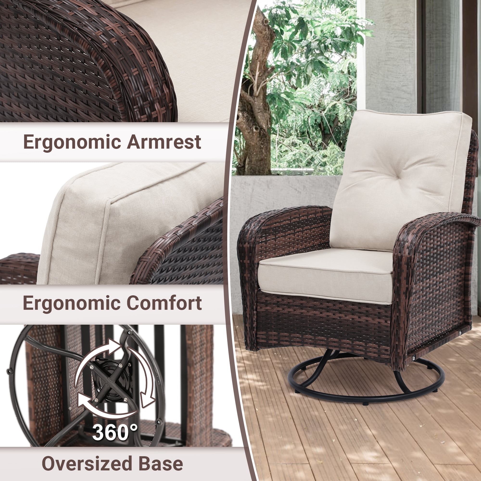 TUAREX Outdoor Patio Swivel Wicker Glider Chair Set with Side Table (Brown Rattan, 3-Piece) 5vel9