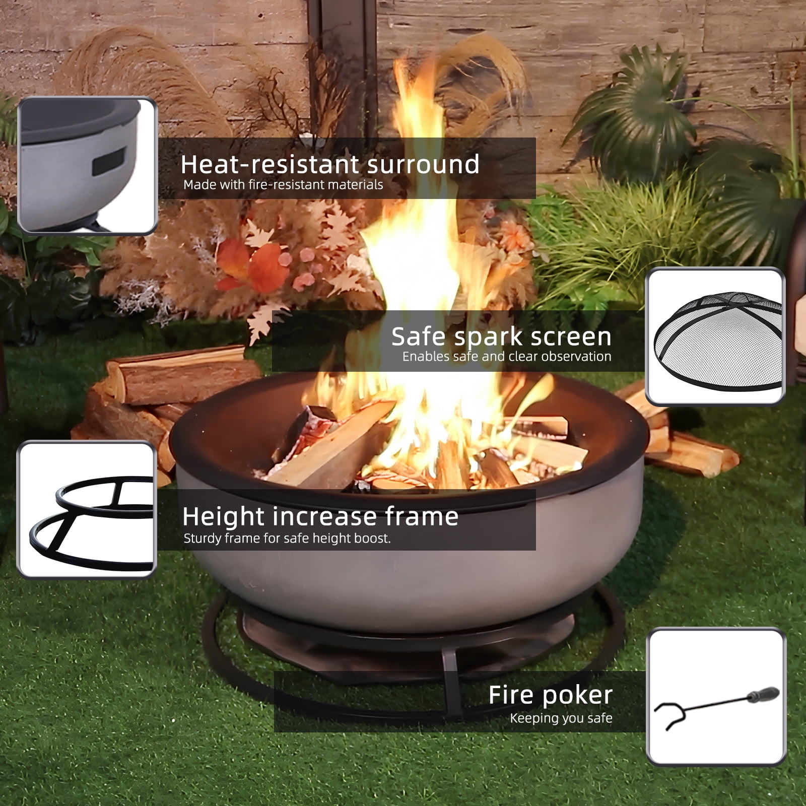 Afterglow Round Terrafab Wood Burning Fire Pit with Spark Screen and Poker (Light Gray, 31.89 in x 31.89 in x 13.58 in) zsyrq
