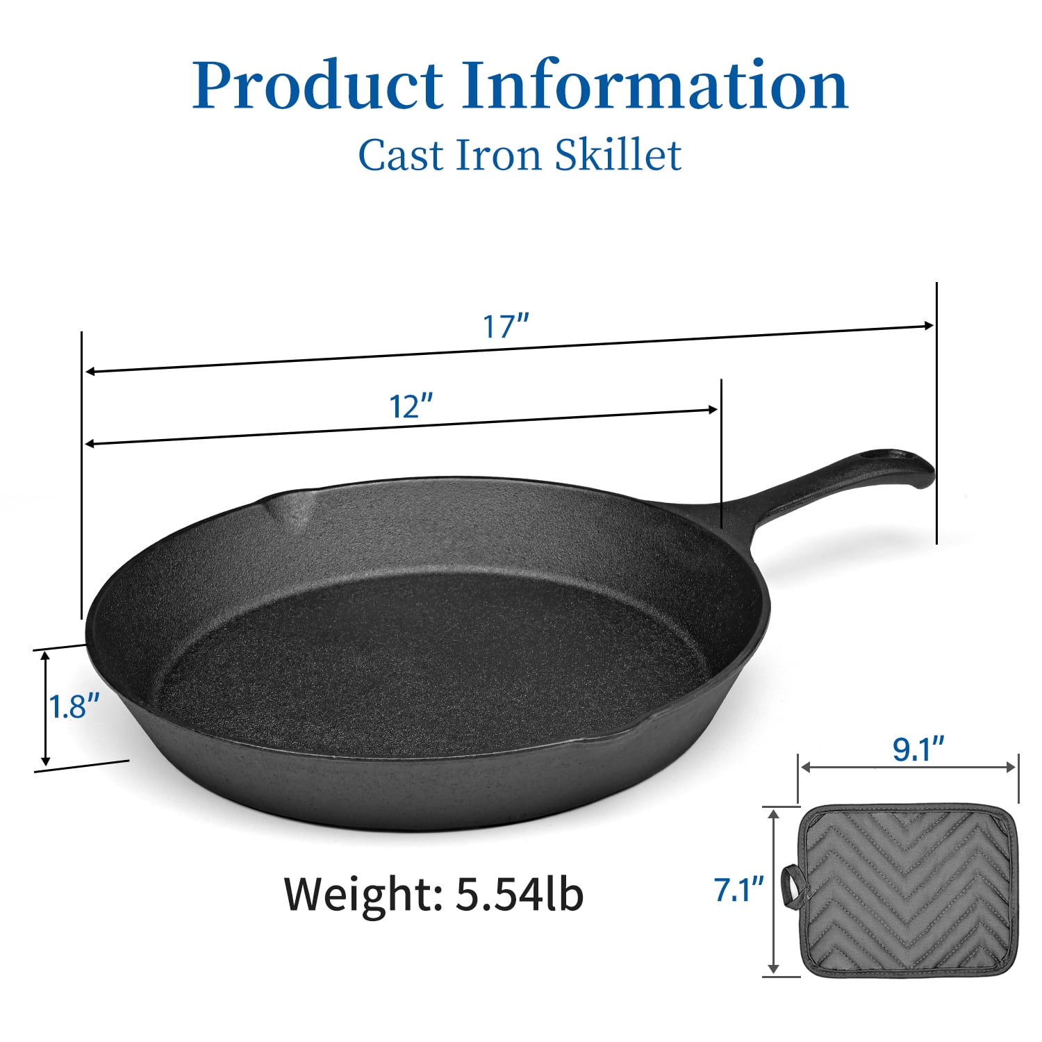 TINANA 12 inch Pre-Seasoned Cast Iron Skillet with Handle and Dual-Use Insulating Pad (Black, 12 in) zqeoq