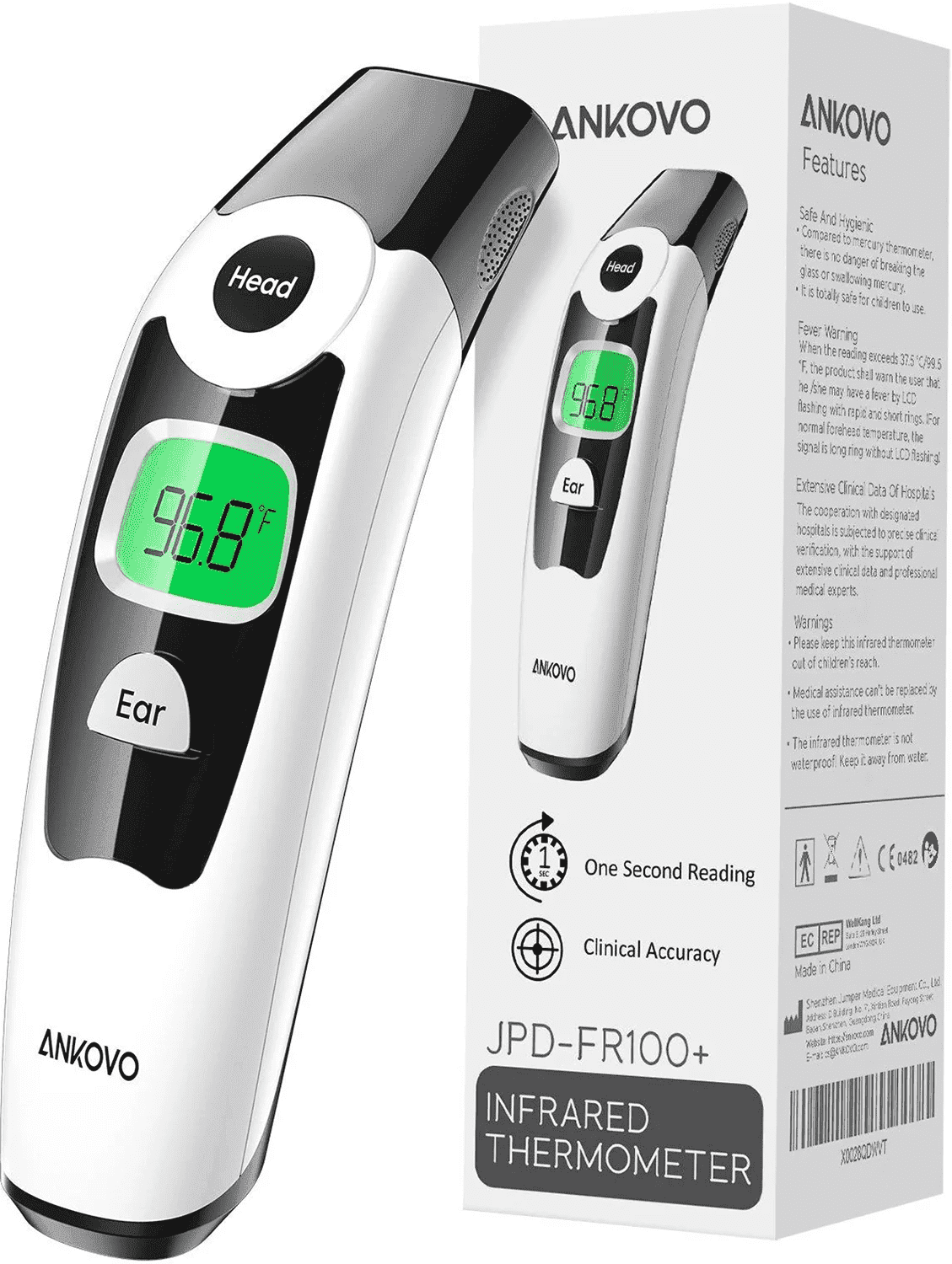 Ankovo Infrared Digital Thermometer, Dual-Mode Ear and Forehead Temperature Reader for Infants and Toddlers (Black, 1 Pack) fn131