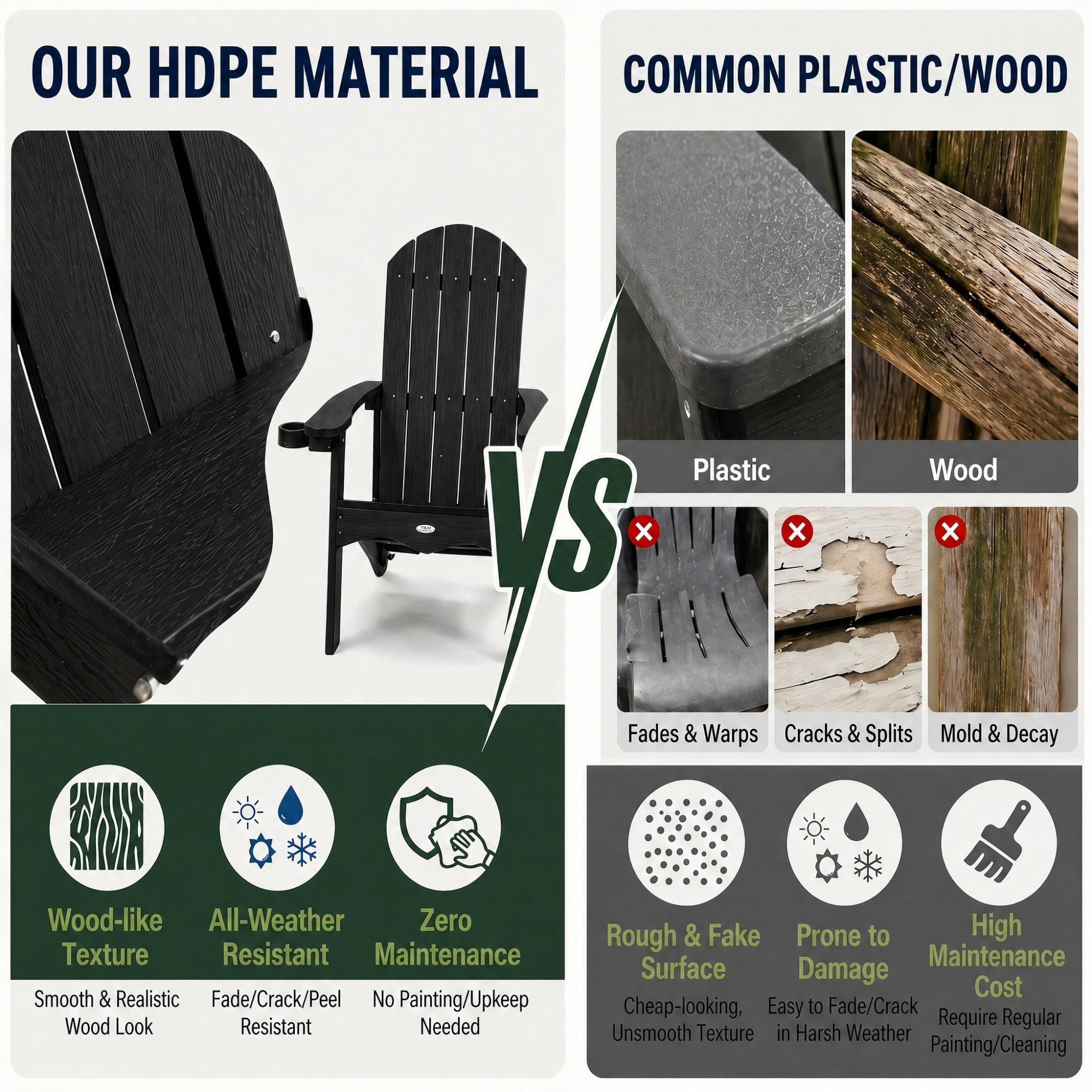 Y&M Adirondack Chair, Weather Resistant HDPE Outdoor Patio Seat with Rotating Cup Holder (Black, 1-Pack) ntebp