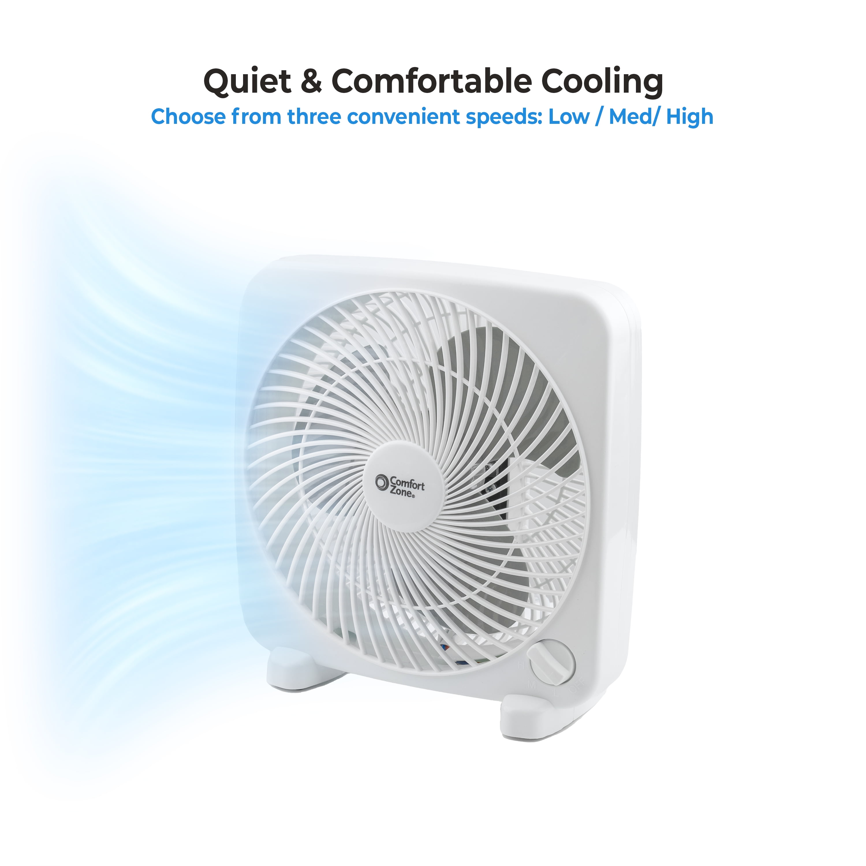 Comfort Zone 9 in Portable Box Fan, Quiet Personal Cooling (White, 9 in) ga9cr