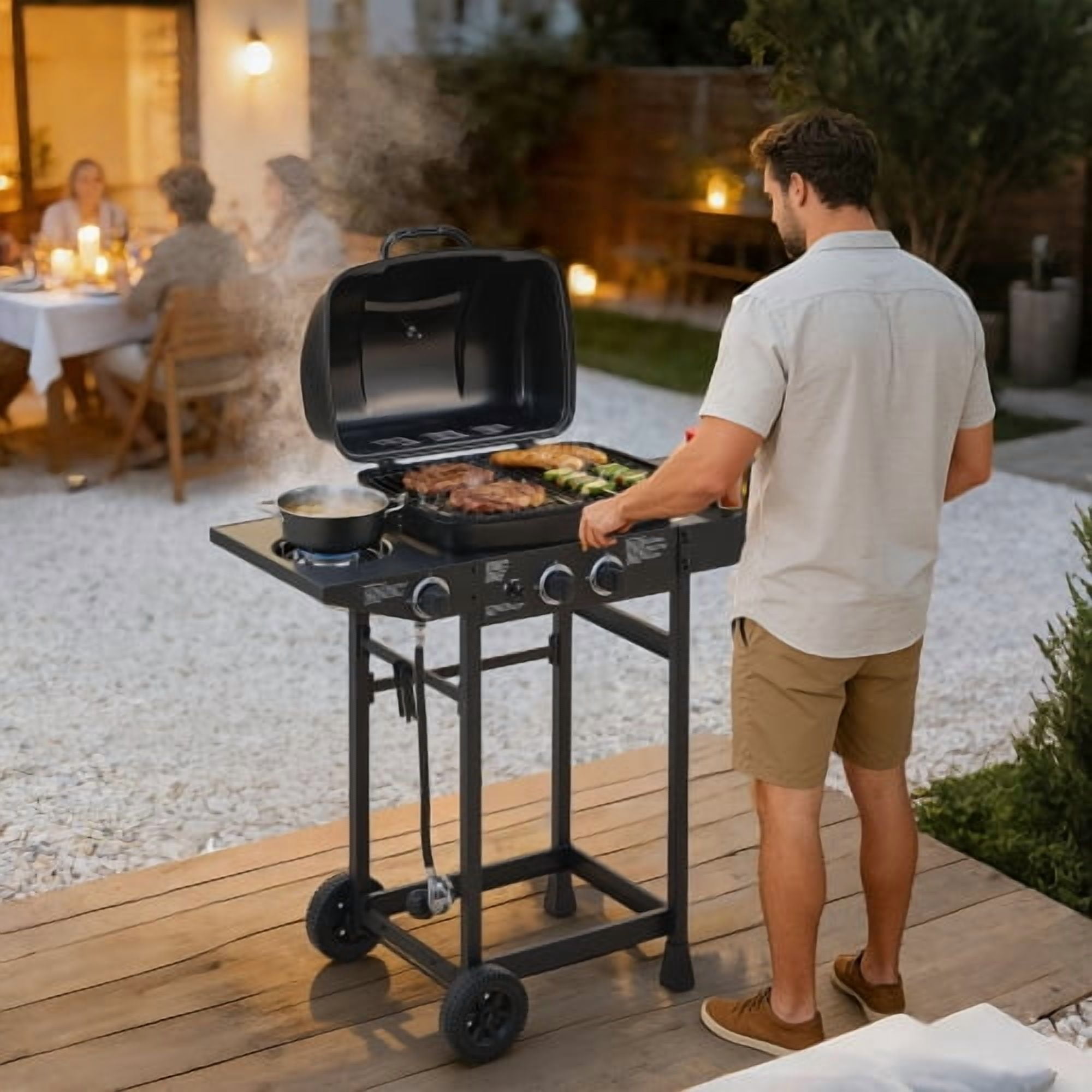 Uhdpli 2 Burner Propane Gas Grill with Side Burner, 24000 BTU Outdoor BBQ Grill, Stainless Steel Enameled Grates, Portable Patio Grill (Black, 237 Sq. In.) 2o0fv