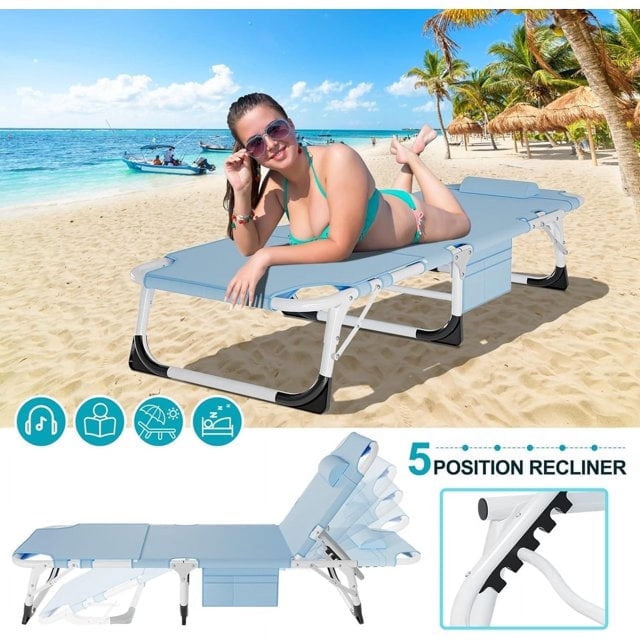 Lilypelle 3-in-1 Folding Sun Tanning Lounge Chair with Face Hole and 5 Adjustable Positions (Blue, 75.2 in x 25.6 in) 6vfq8