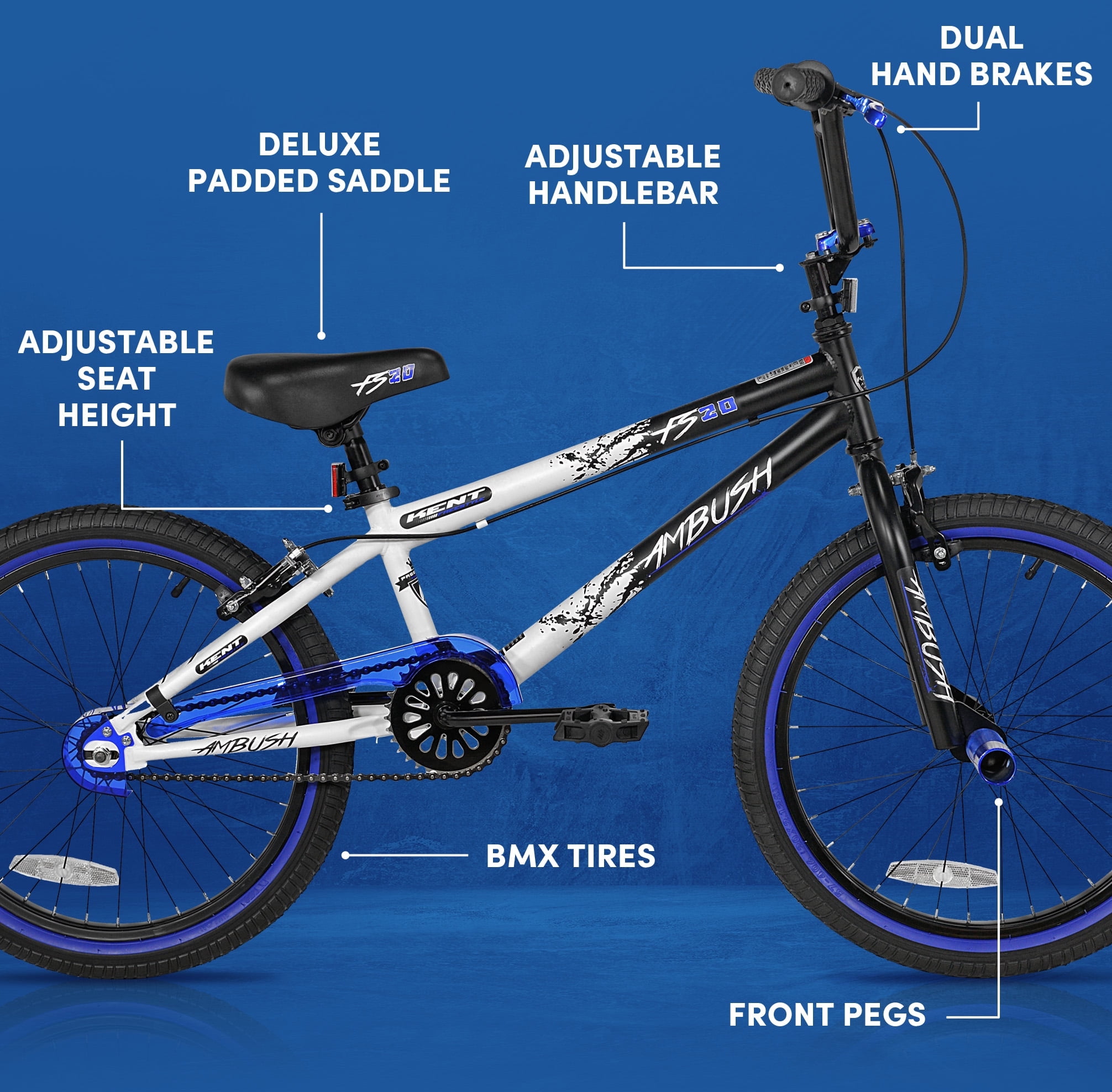 Kent Bicycles Ambush Boys' BMX Bike, Durable Steel Frame with Hand Brakes (Blue, 20 in) ktjev