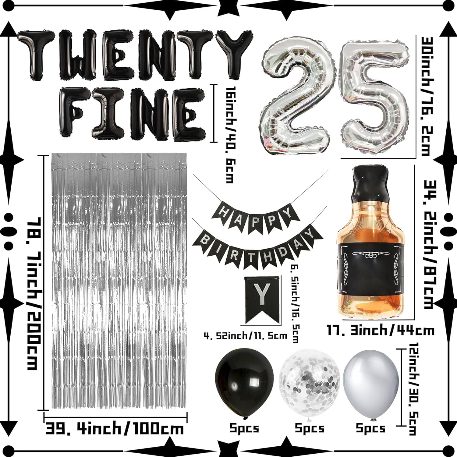 Roaring Good Time 25th Birthday Party Decoration Set, Luxury Black, Silver and Gold Foil Balloons with Rain Curtain (1 Set) ghtwp