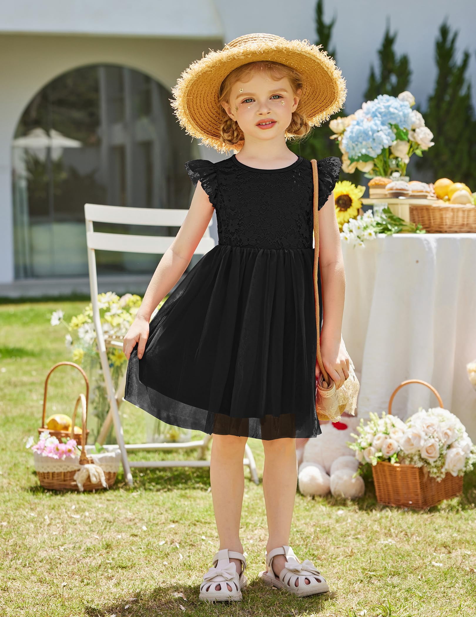 Oudiya Toddler Girls Lace Tutu Dress 3-Layer Tulle Ruffle Sleeve Summer Party Dress (Black, 3T) 9qw3c