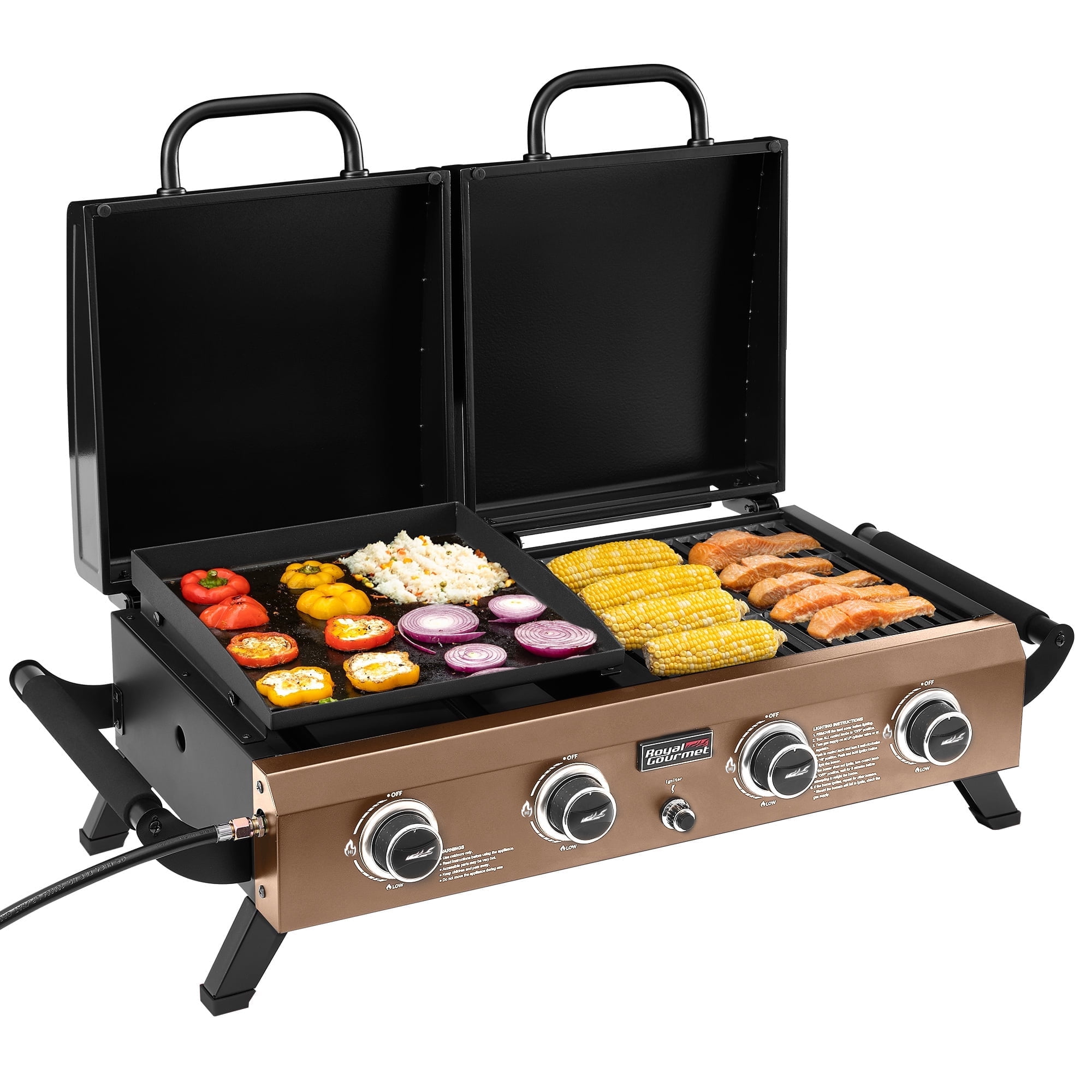 Royal Gourmet Portable Tabletop Grill & Griddle Combo with Hood, 40,000 BTU (Bronze Gold, 40.75 in x 20.28 in x 13.70 in) 0lg23