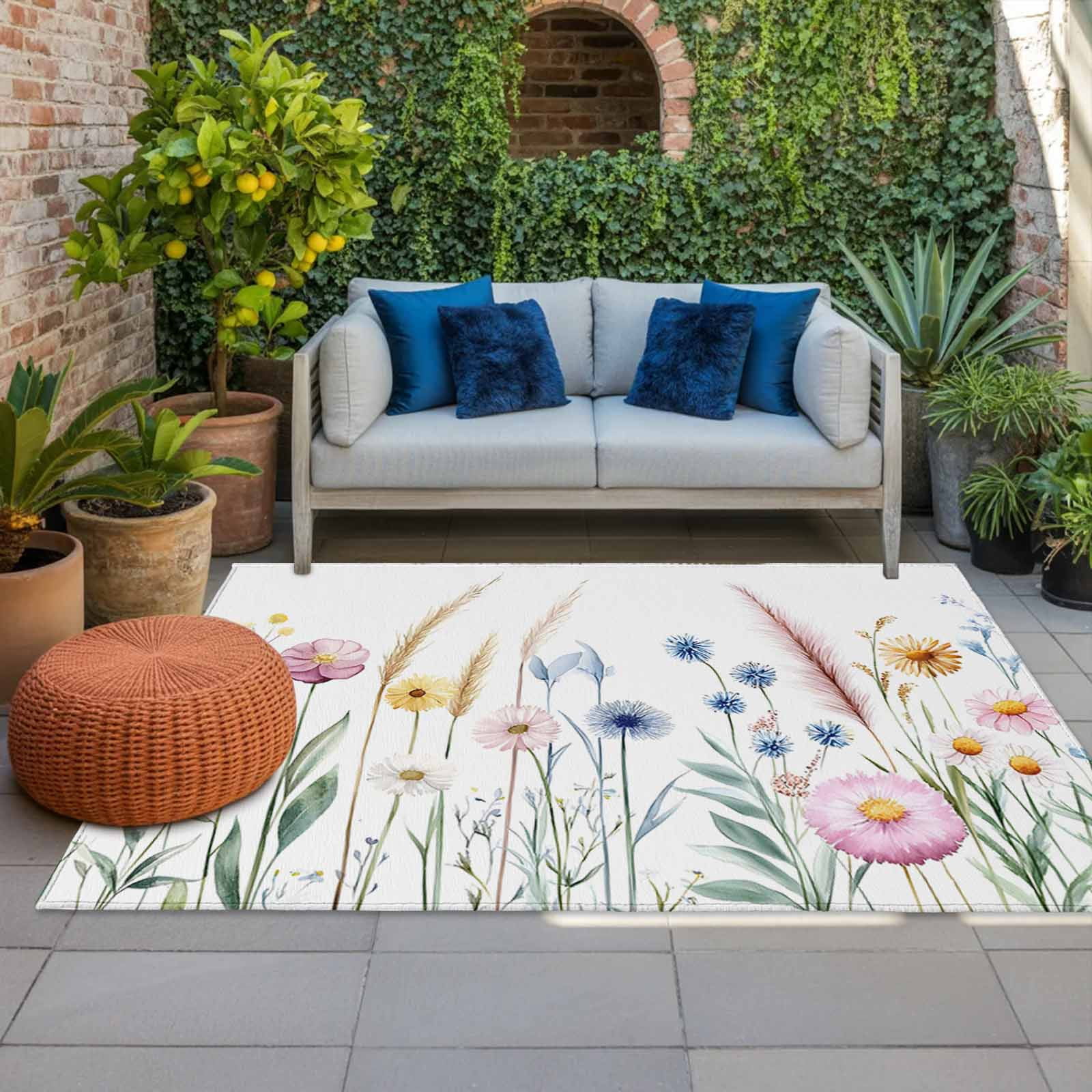 LBCASA Spring Floral Outdoor Rug, Washable Botanical Area Carpet for Patio and Deck (Pink, 5 ft x 8 ft) a1er6