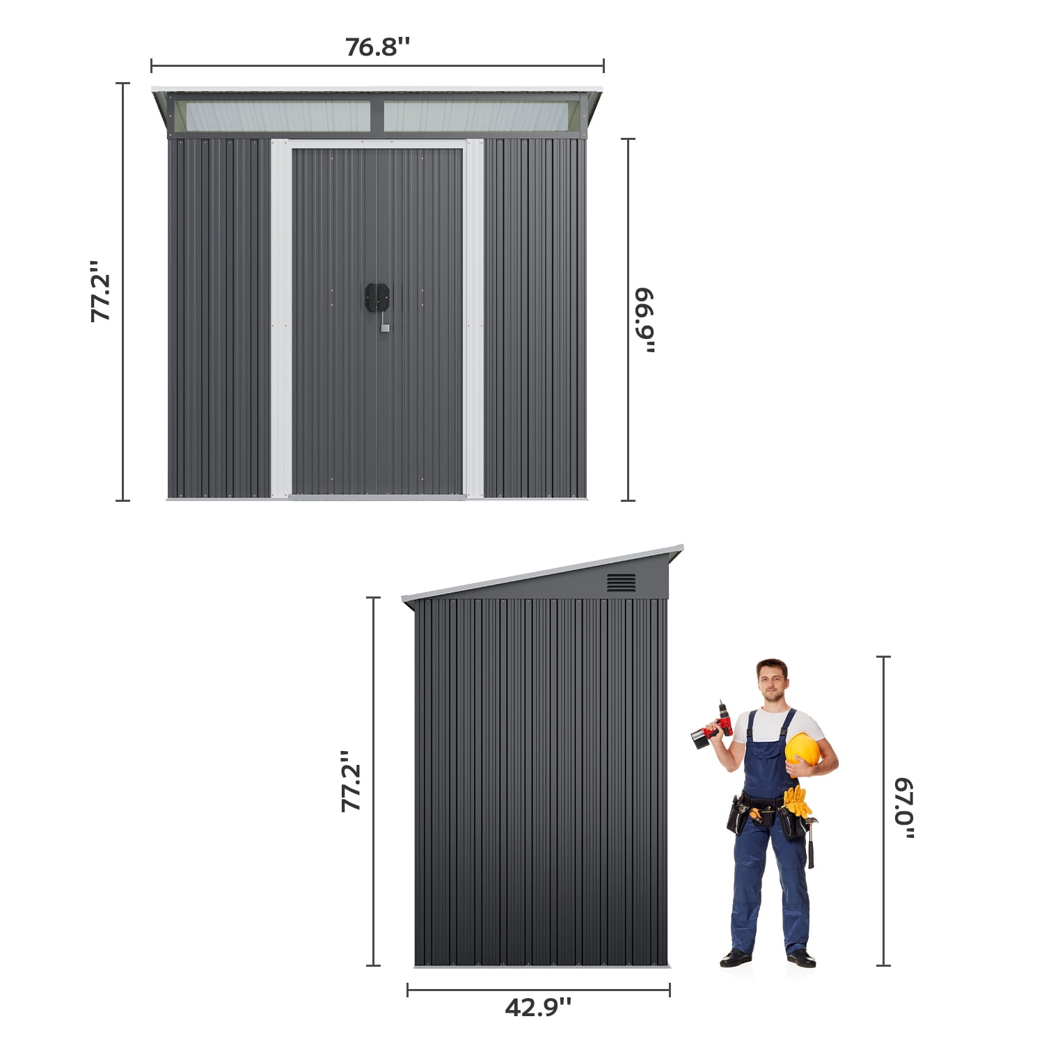Asofer Heavy-Duty Weatherproof Steel Outdoor Storage Shed with Lockable Door (Dark Gray, 76.8 in x 42.9 in x 77.2 in) gik36